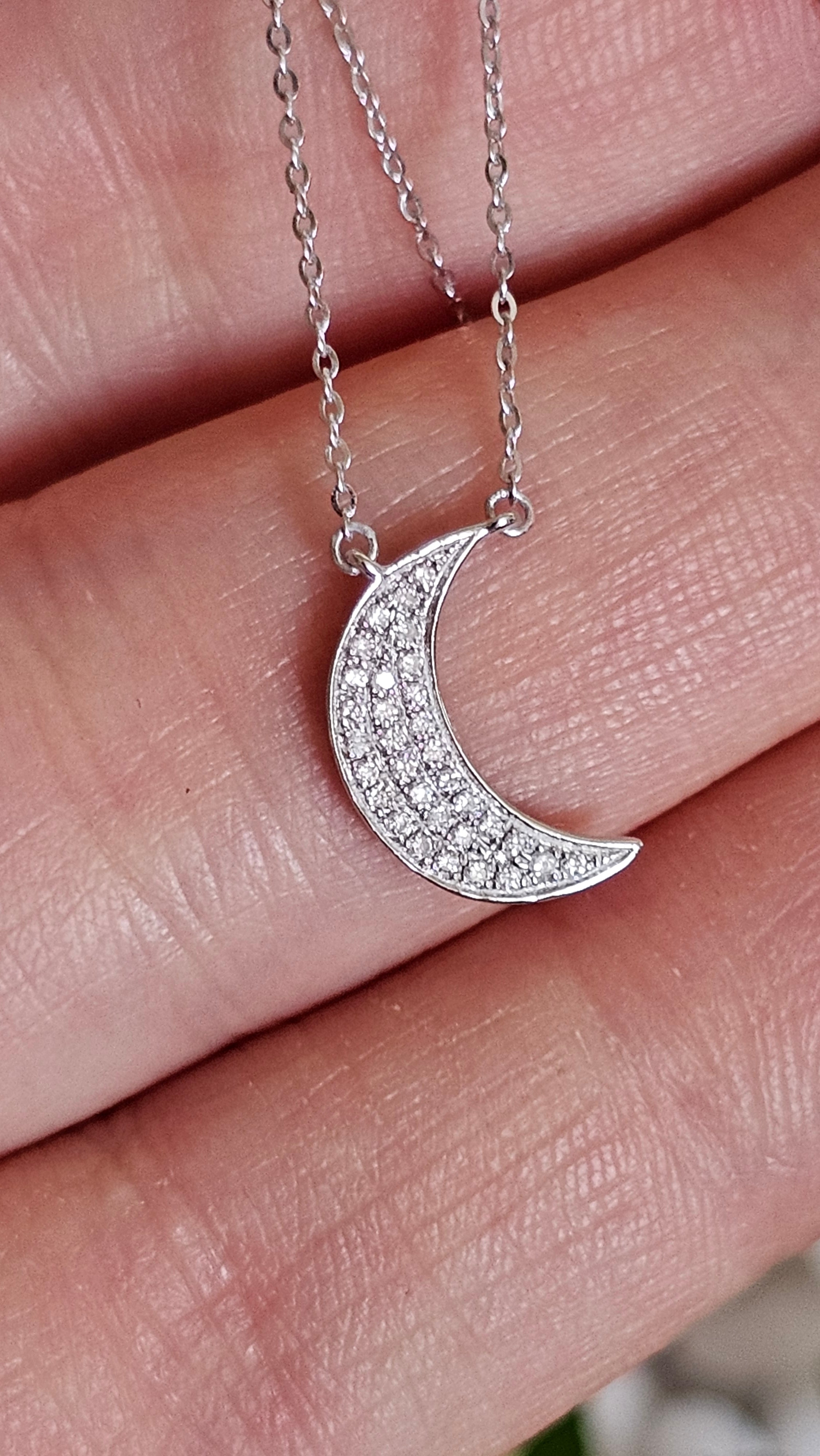 9ct White Gold & Natural Diamond Crescent Moon Necklace
