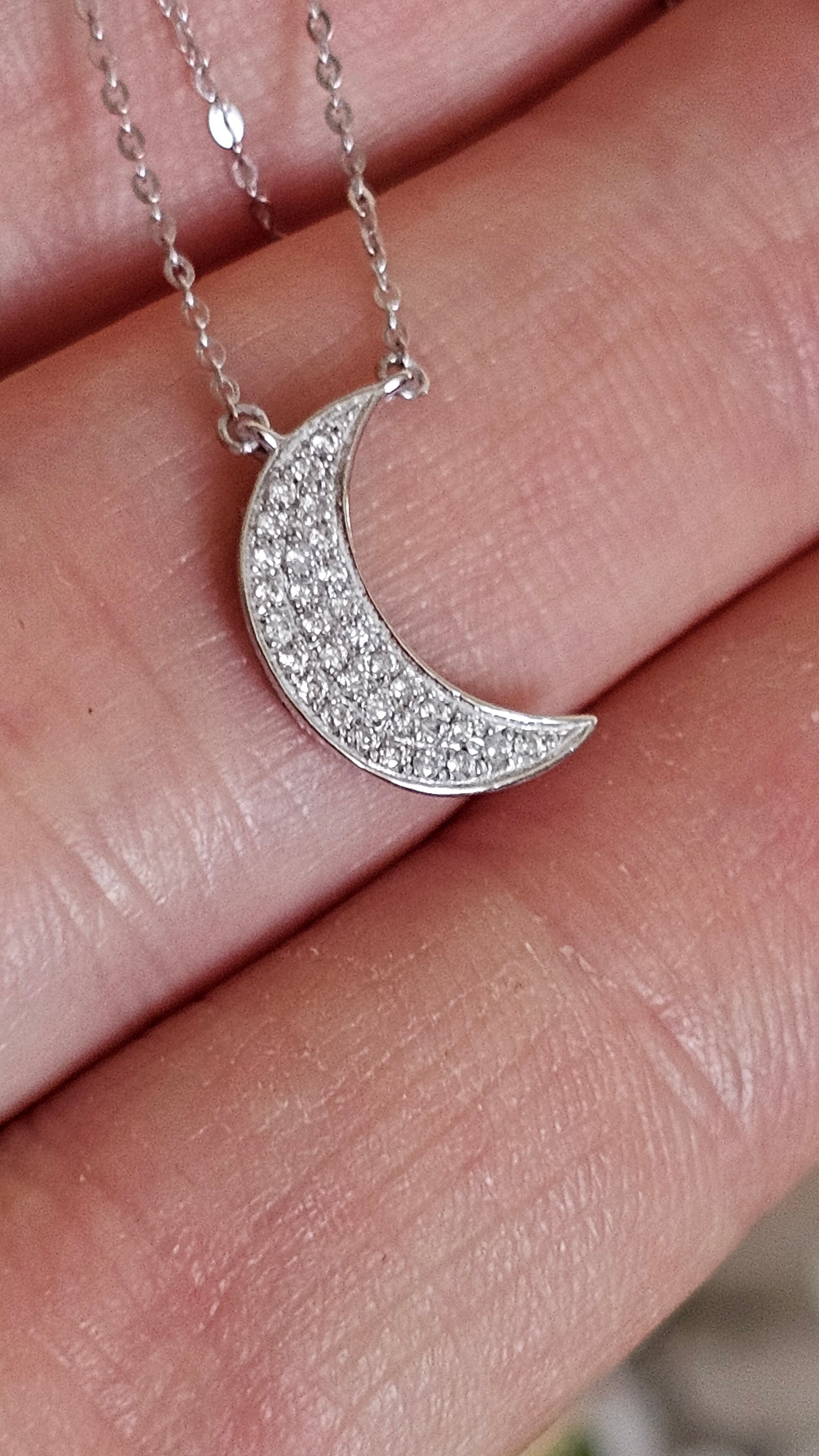 9ct White Gold & Natural Diamond Crescent Moon Necklace