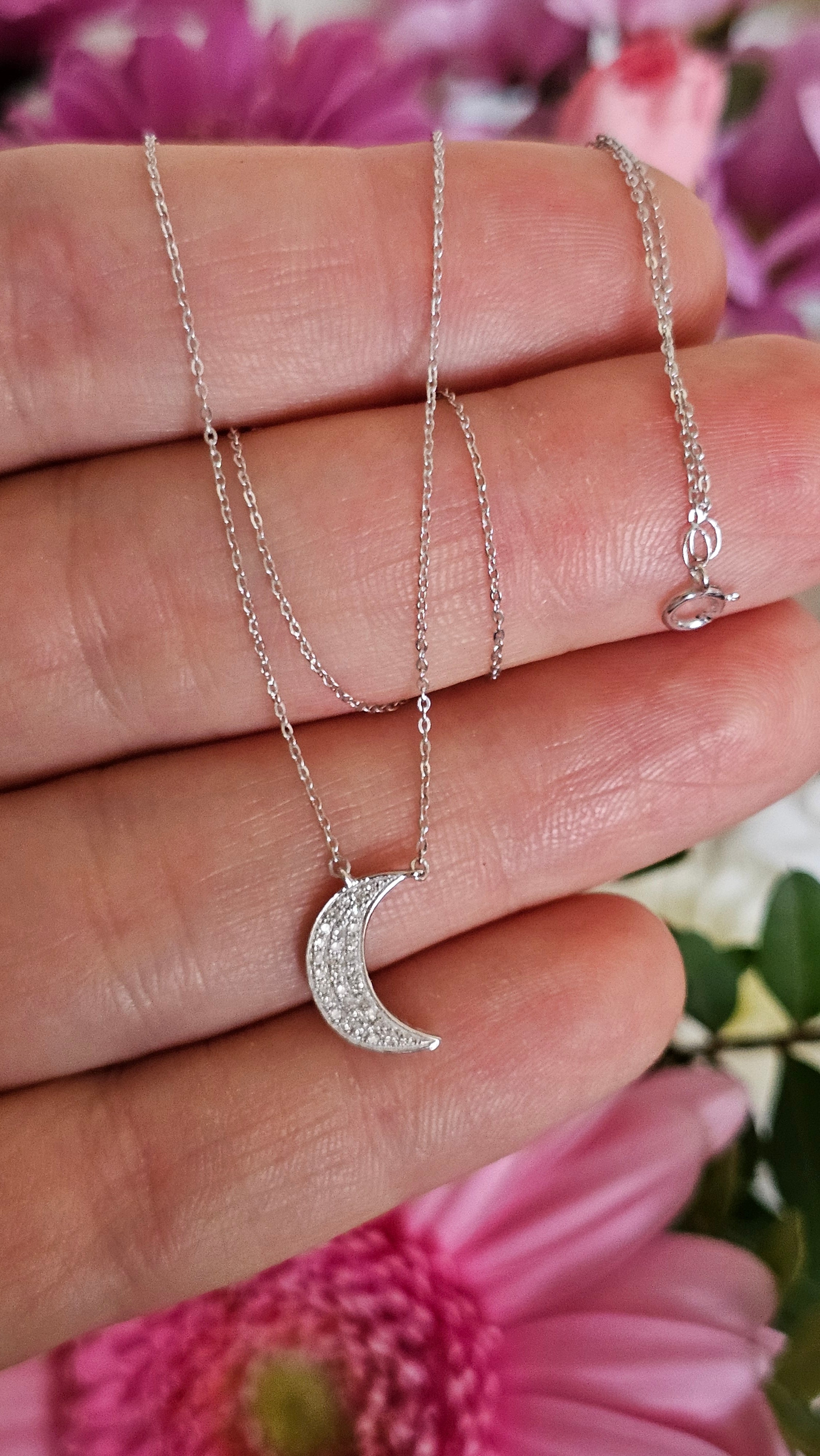 9ct White Gold & Natural Diamond Crescent Moon Necklace