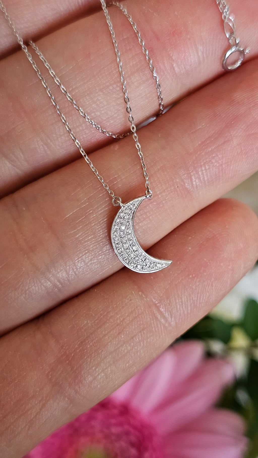 9ct White Gold & Natural Diamond Crescent Moon Necklace