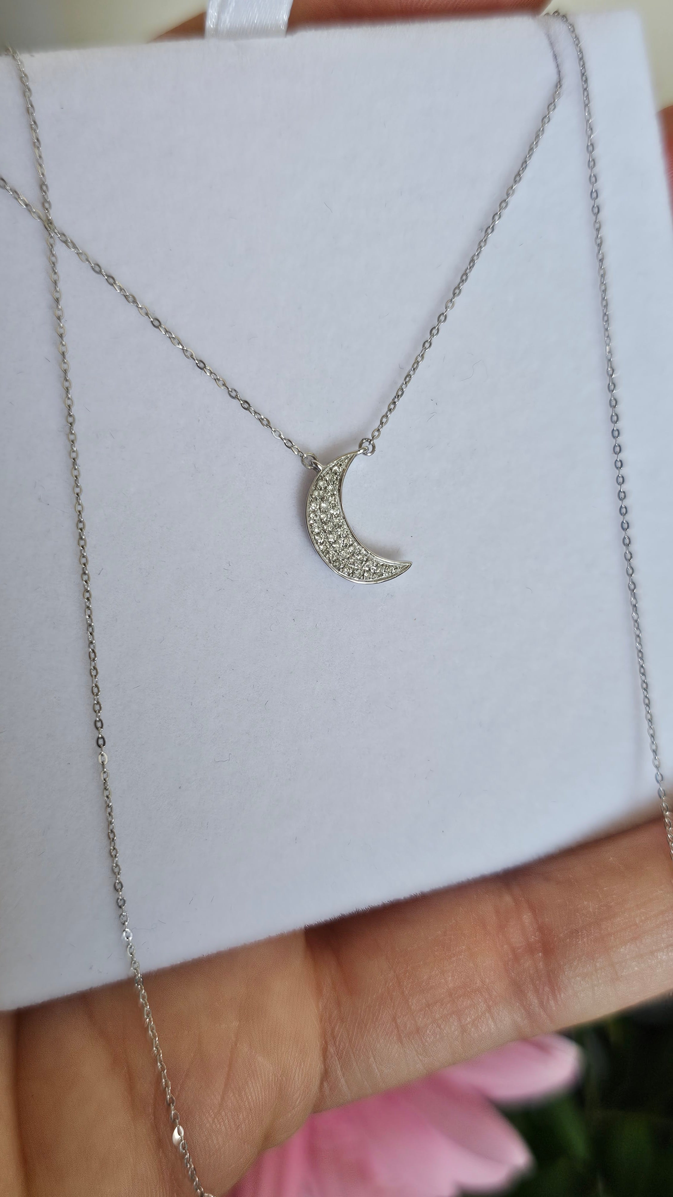 9ct White Gold & Natural Diamond Crescent Moon Necklace