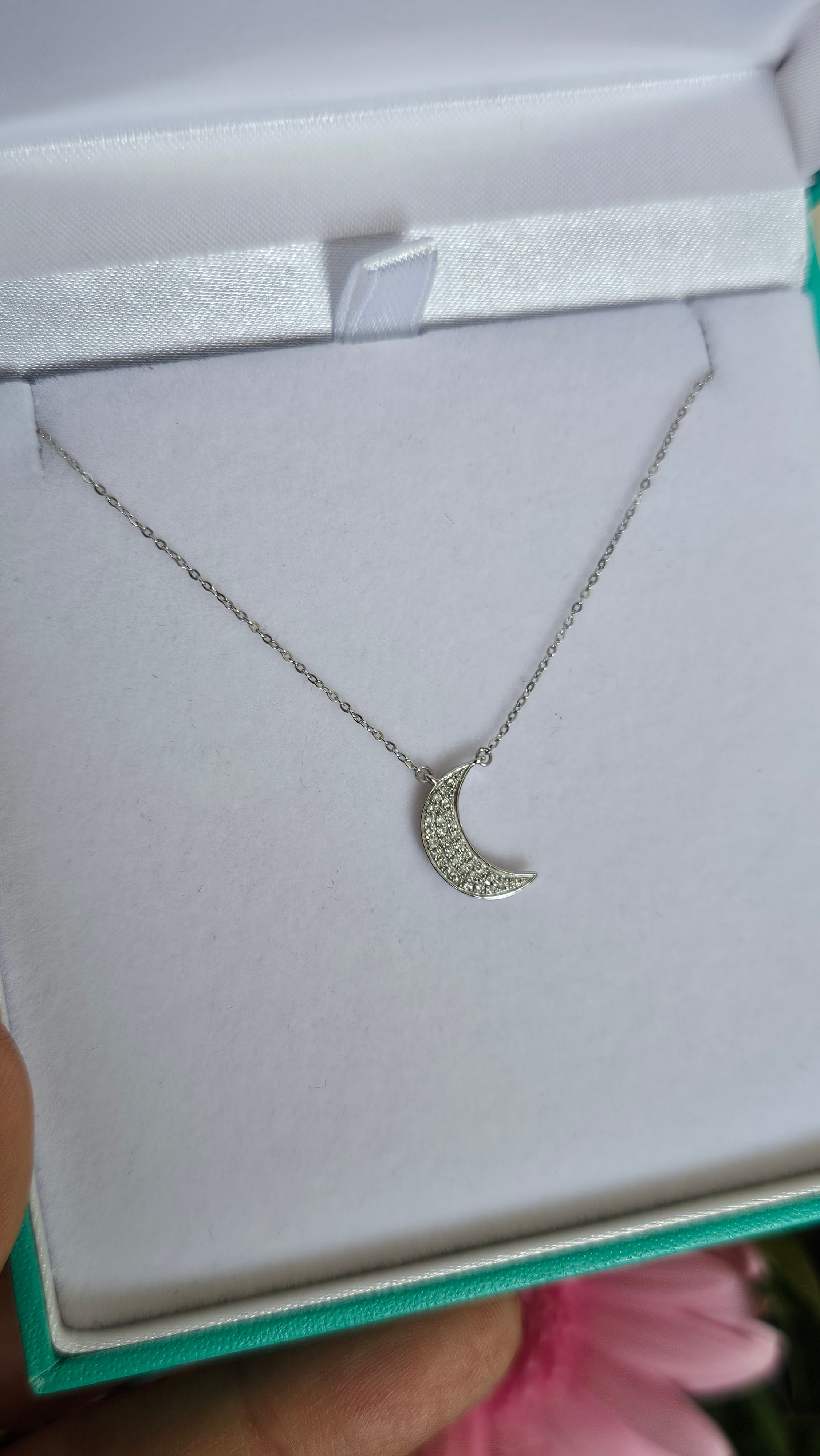 9ct White Gold & Natural Diamond Crescent Moon Necklace