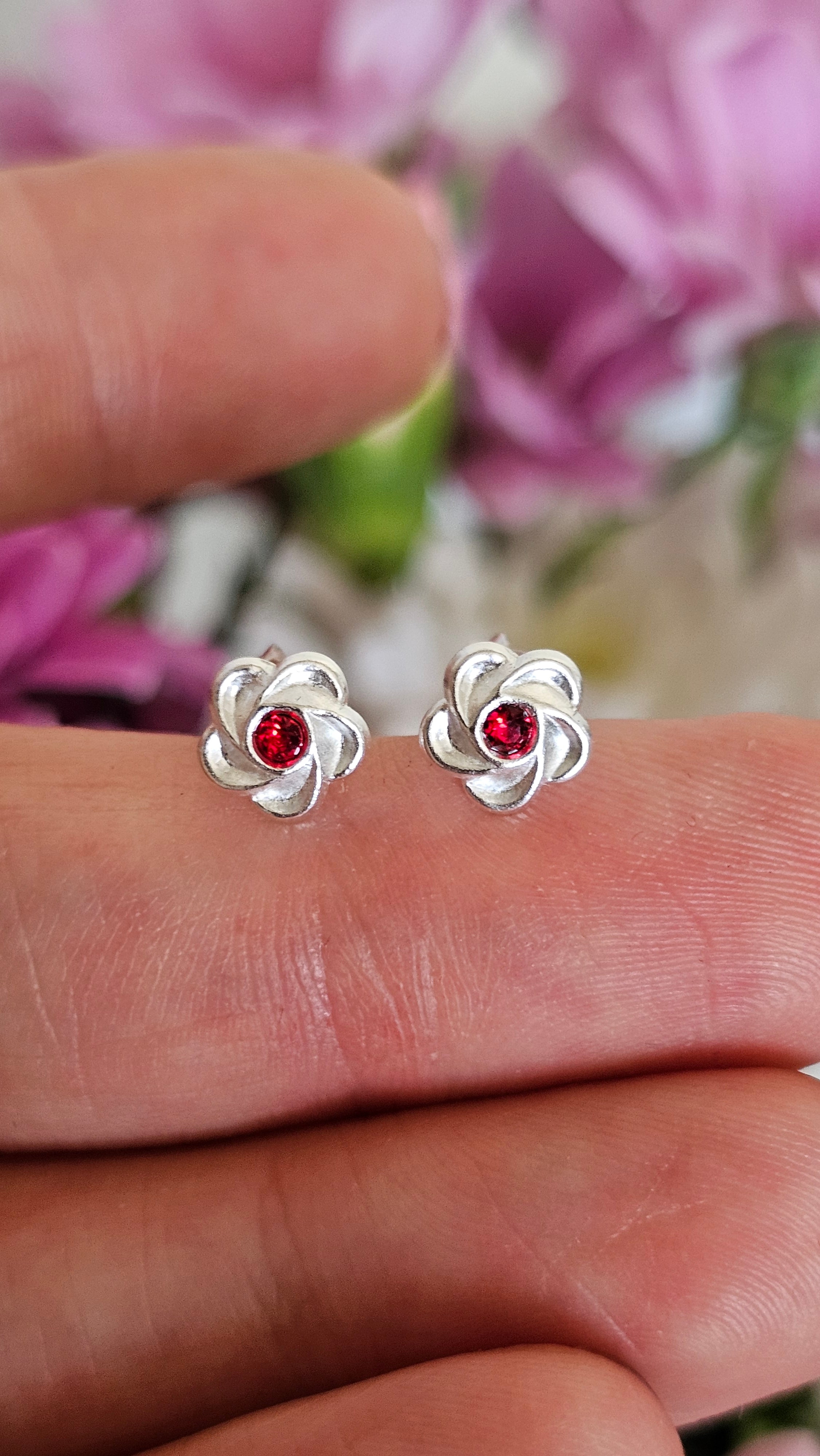 Elegant 925 Sterling Silver Red Stone Floral Stud Earrings