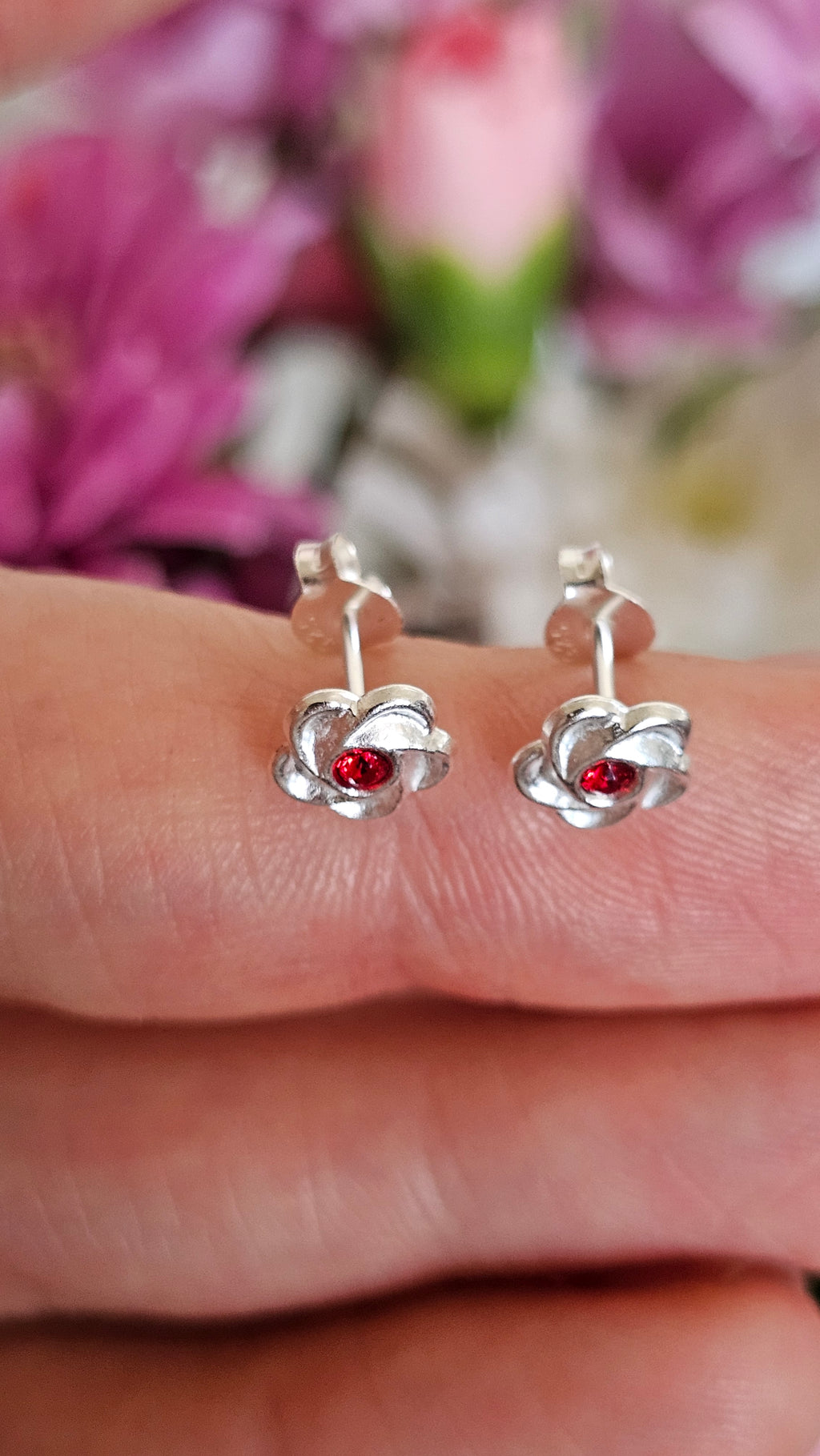 Elegant 925 Sterling Silver Red Stone Floral Stud Earrings