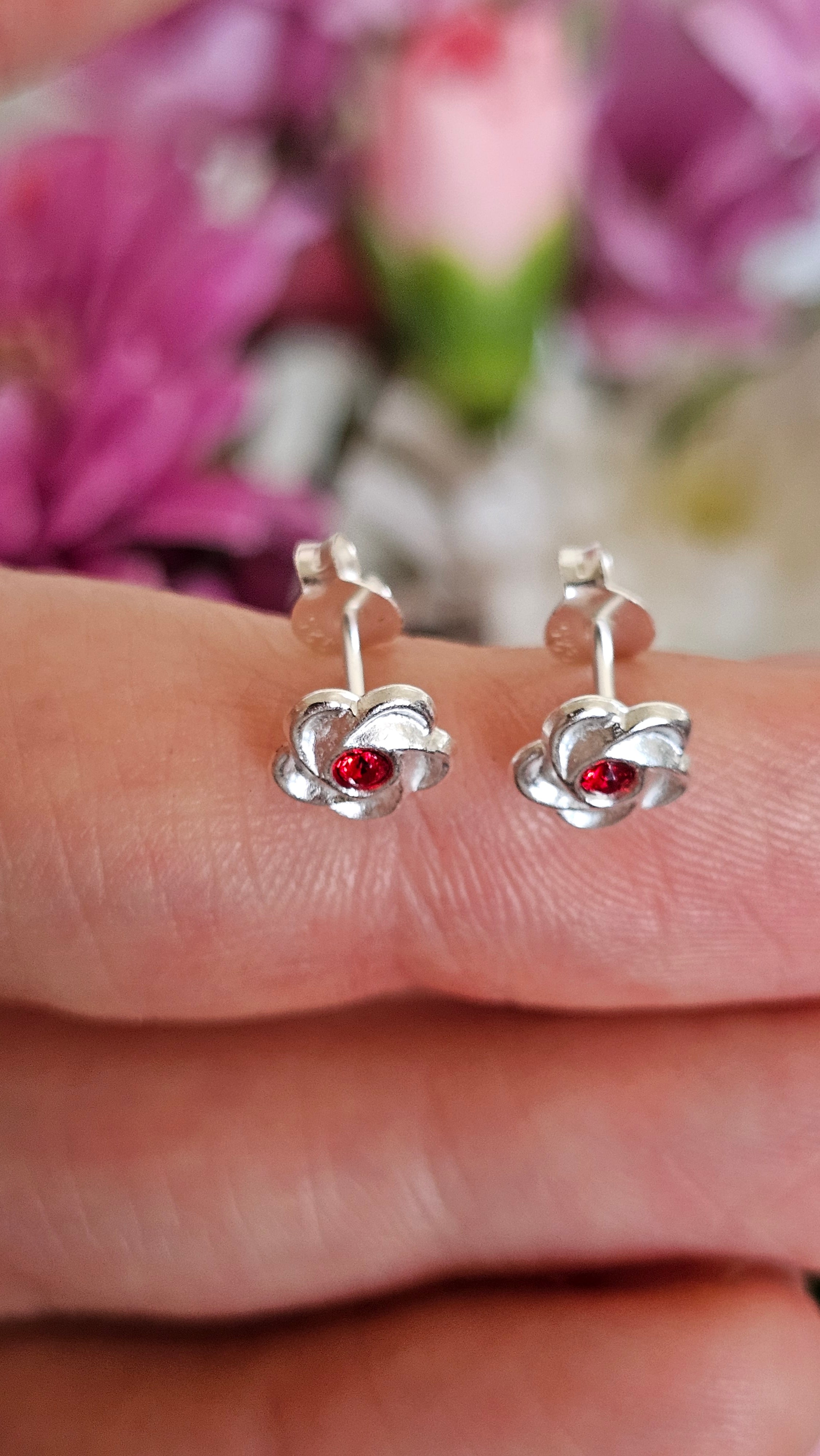 Elegant 925 Sterling Silver Red Stone Floral Stud Earrings
