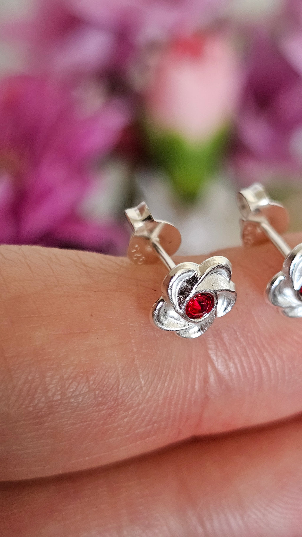 Elegant 925 Sterling Silver Red Stone Floral Stud Earrings