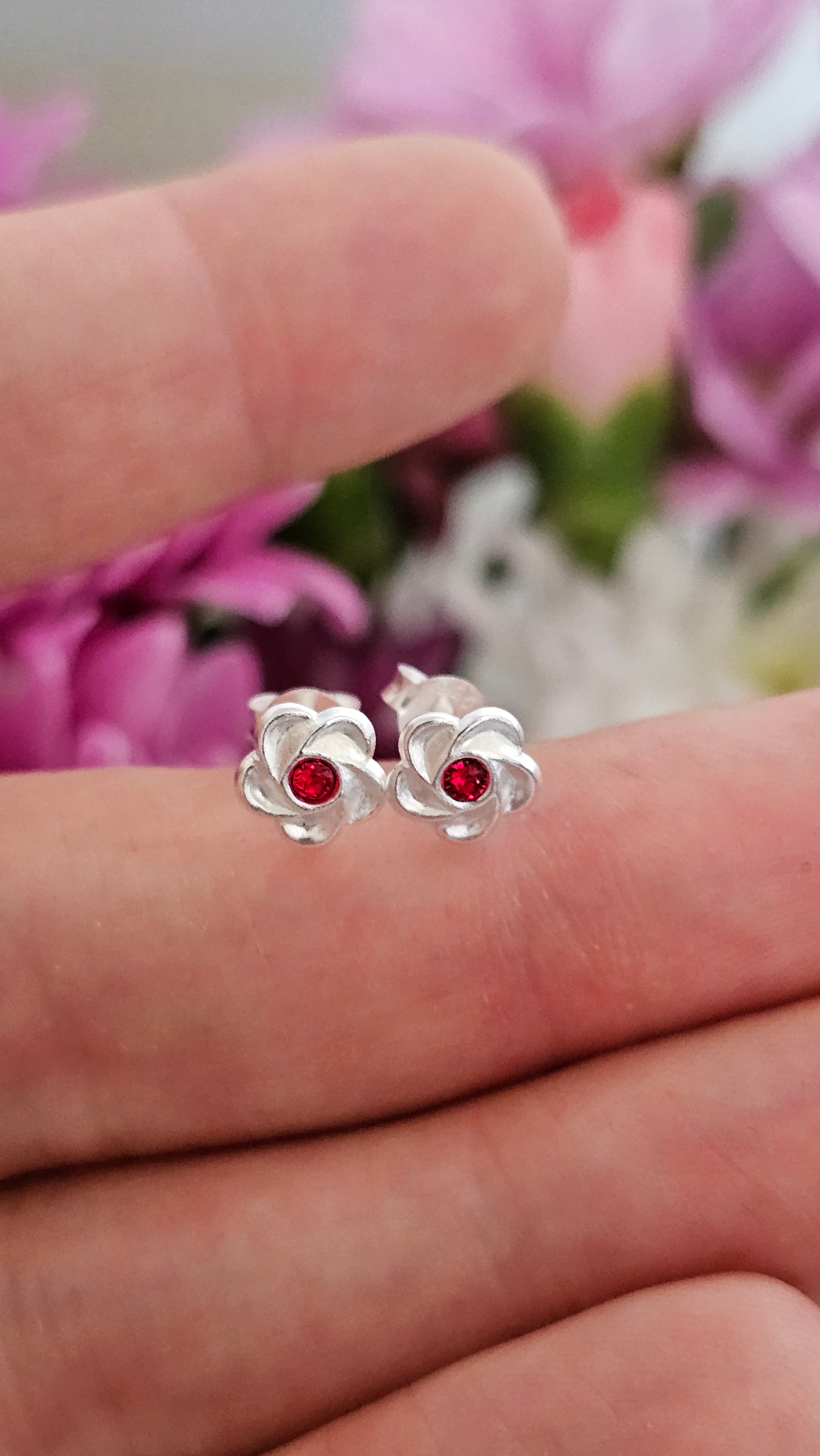 Elegant 925 Sterling Silver Red Stone Floral Stud Earrings
