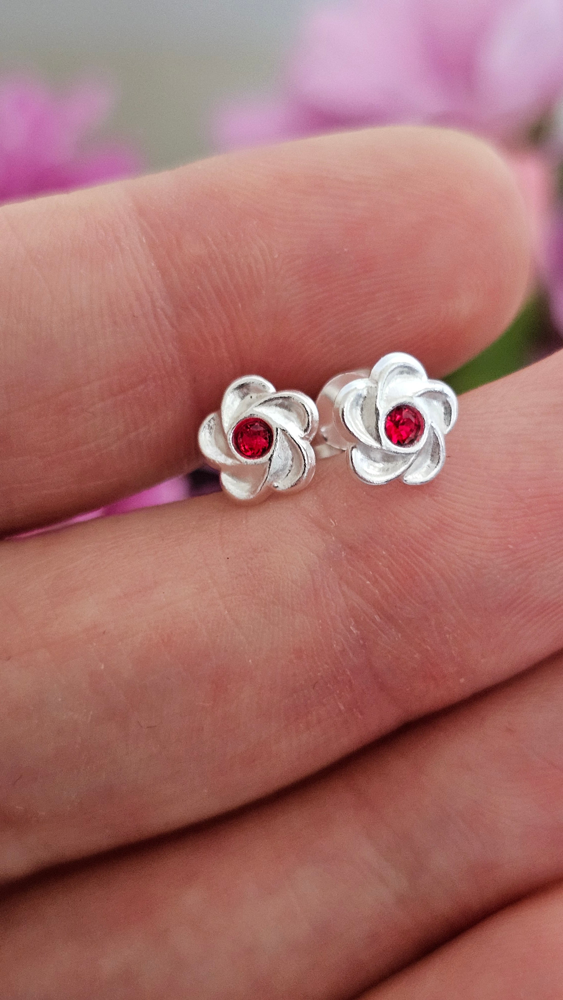 Elegant 925 Sterling Silver Red Stone Floral Stud Earrings
