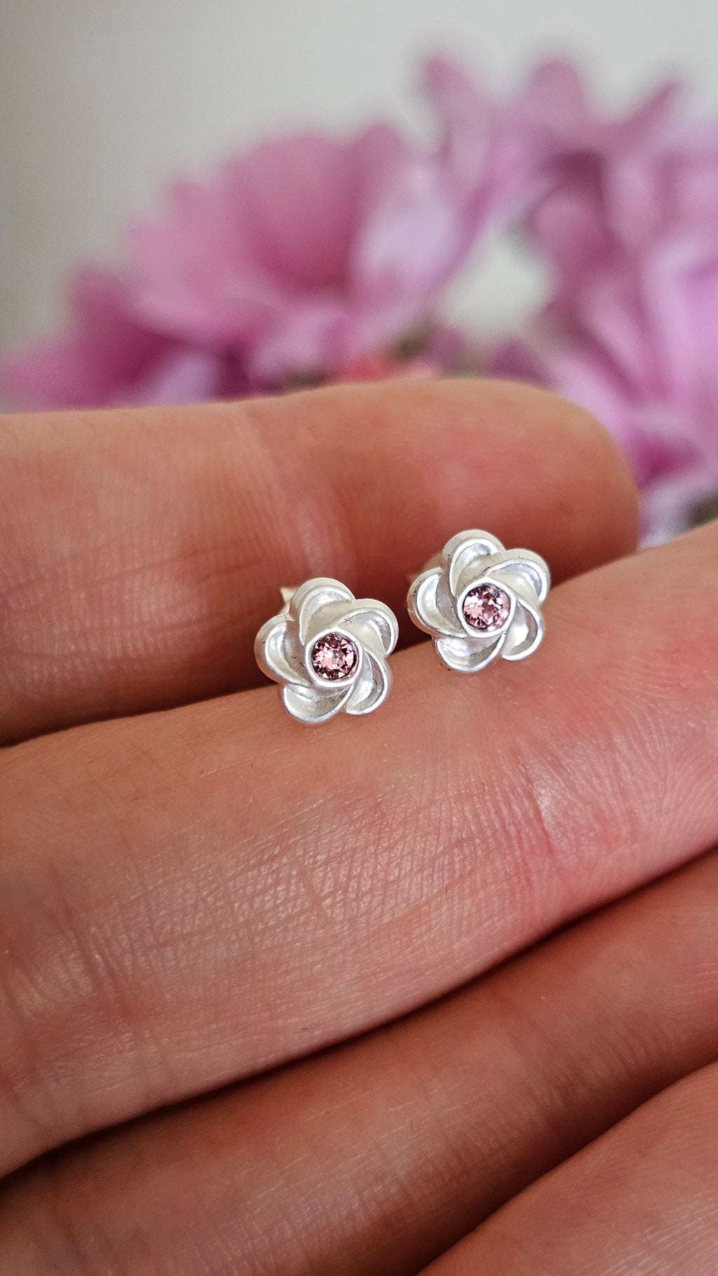 Elegant 925 Sterling Silver Pink Stone Floral Stud Earrings