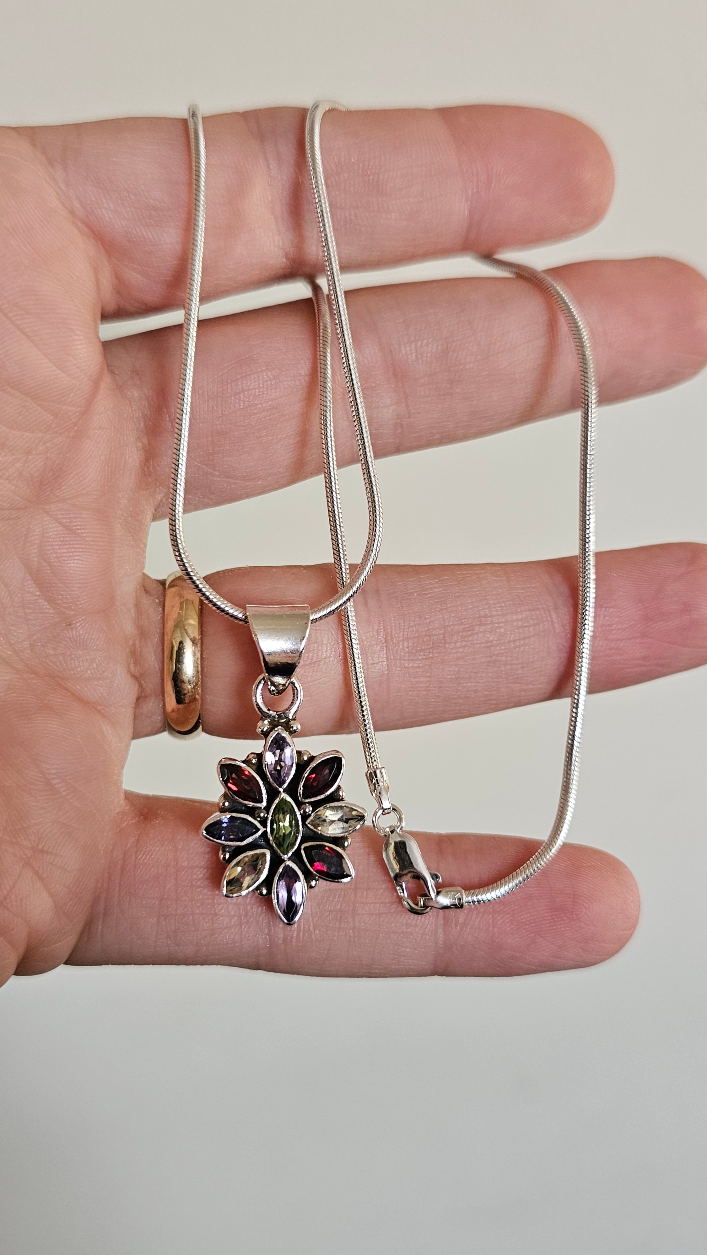 Solid 925 Sterling Silver Natural Multi-Gemstone Floral Pendant Necklace - 15.5"