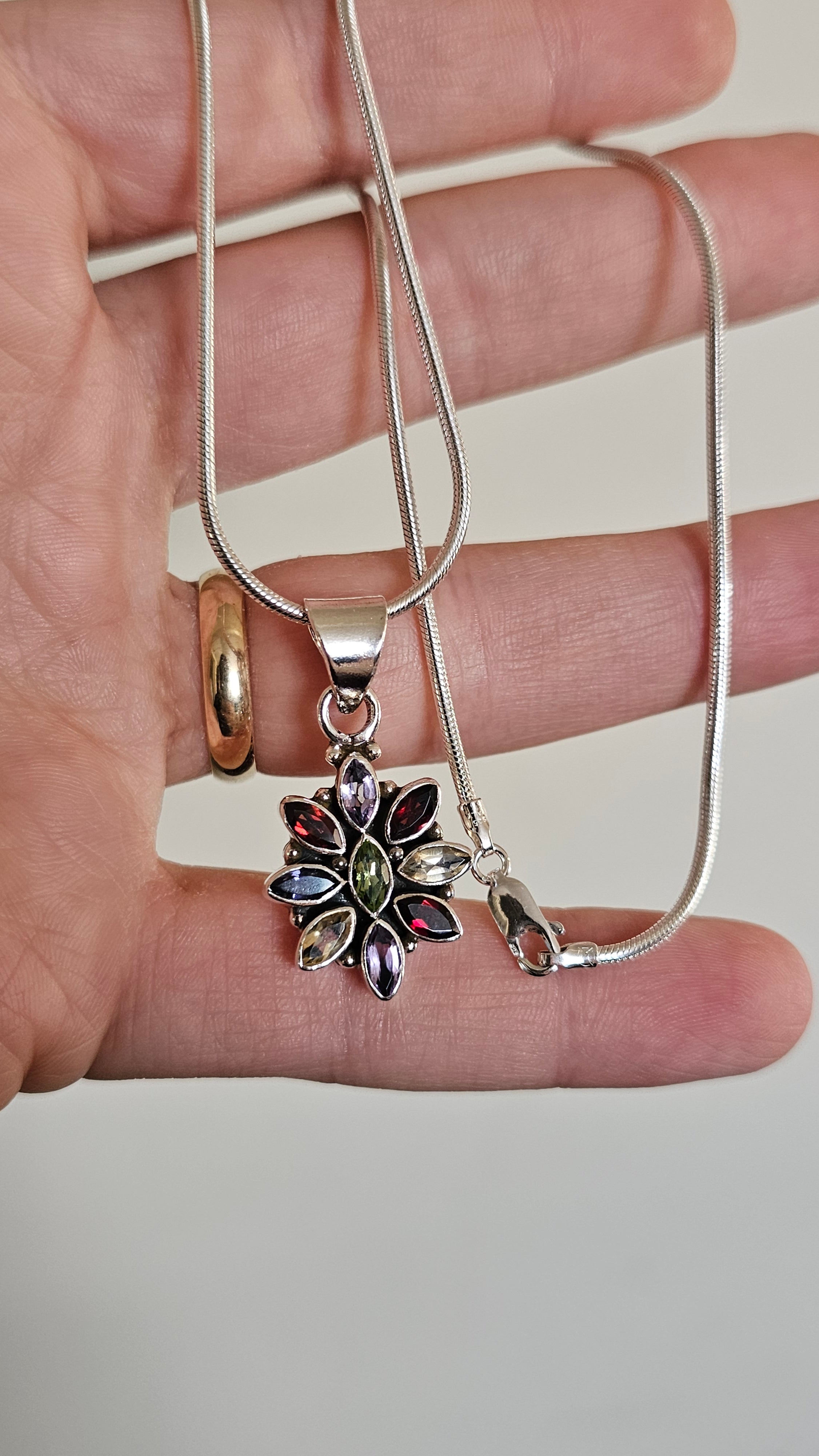 Solid 925 Sterling Silver Natural Multi-Gemstone Floral Pendant Necklace - 15.5"