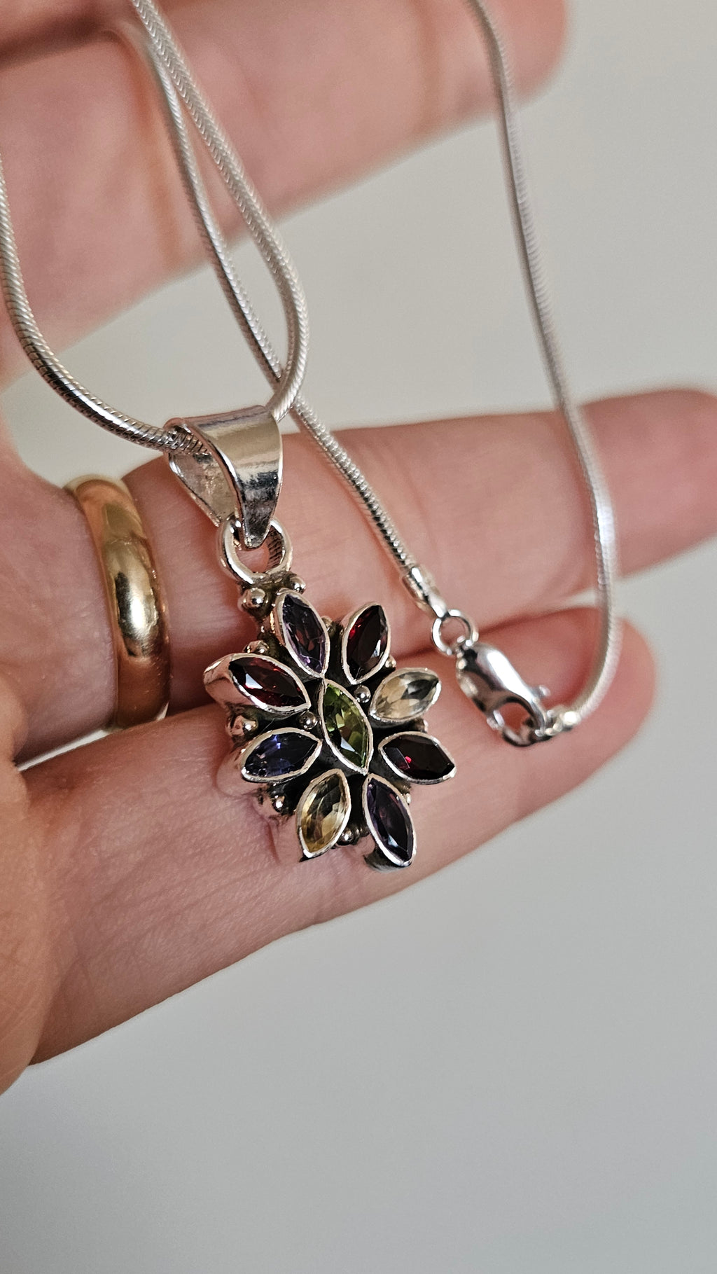 Solid 925 Sterling Silver Natural Multi-Gemstone Floral Pendant Necklace - 15.5"