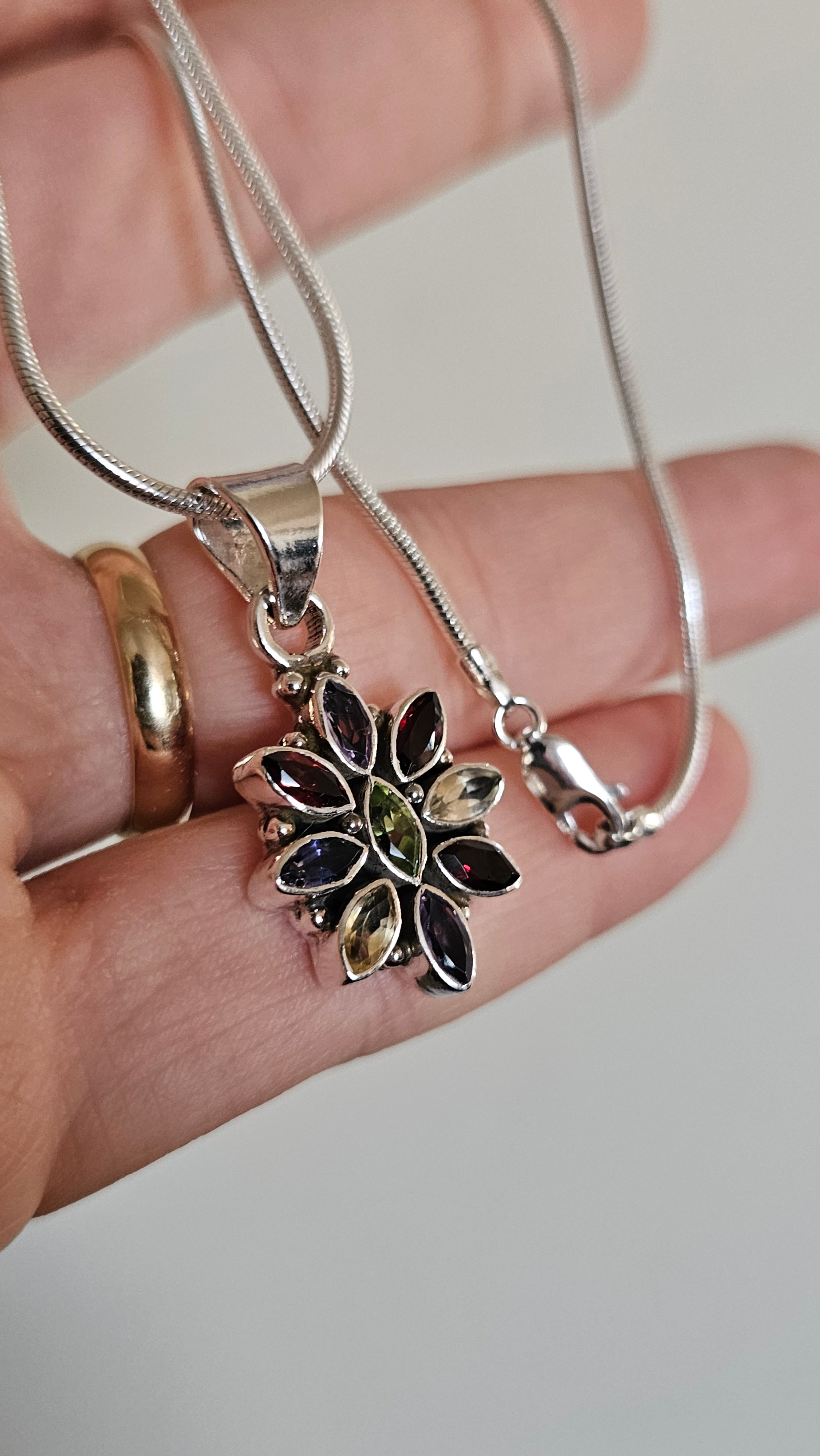 Solid 925 Sterling Silver Natural Multi-Gemstone Floral Pendant Necklace - 15.5"