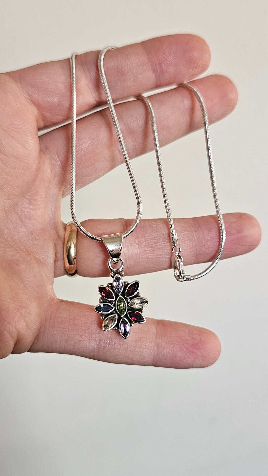 Solid 925 Sterling Silver Natural Multi-Gemstone Floral Pendant Necklace - 15.5"