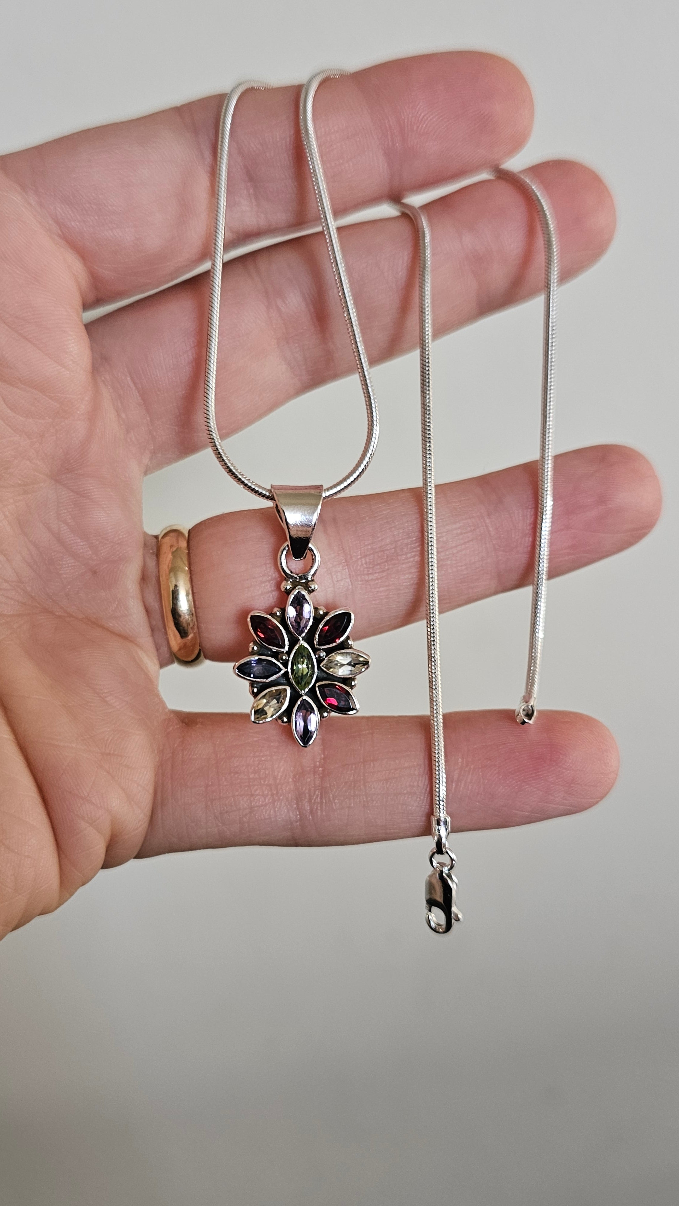 Solid 925 Sterling Silver Natural Multi-Gemstone Floral Pendant Necklace - 15.5"
