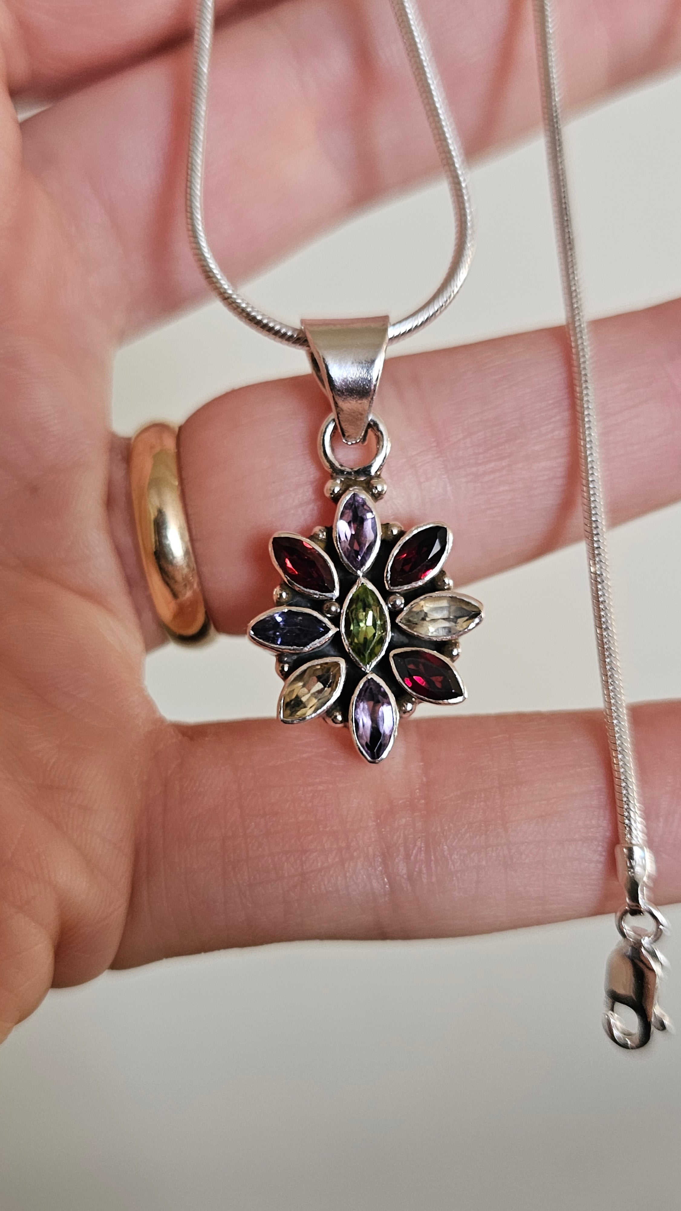 Solid 925 Sterling Silver Natural Multi-Gemstone Floral Pendant Necklace - 15.5"