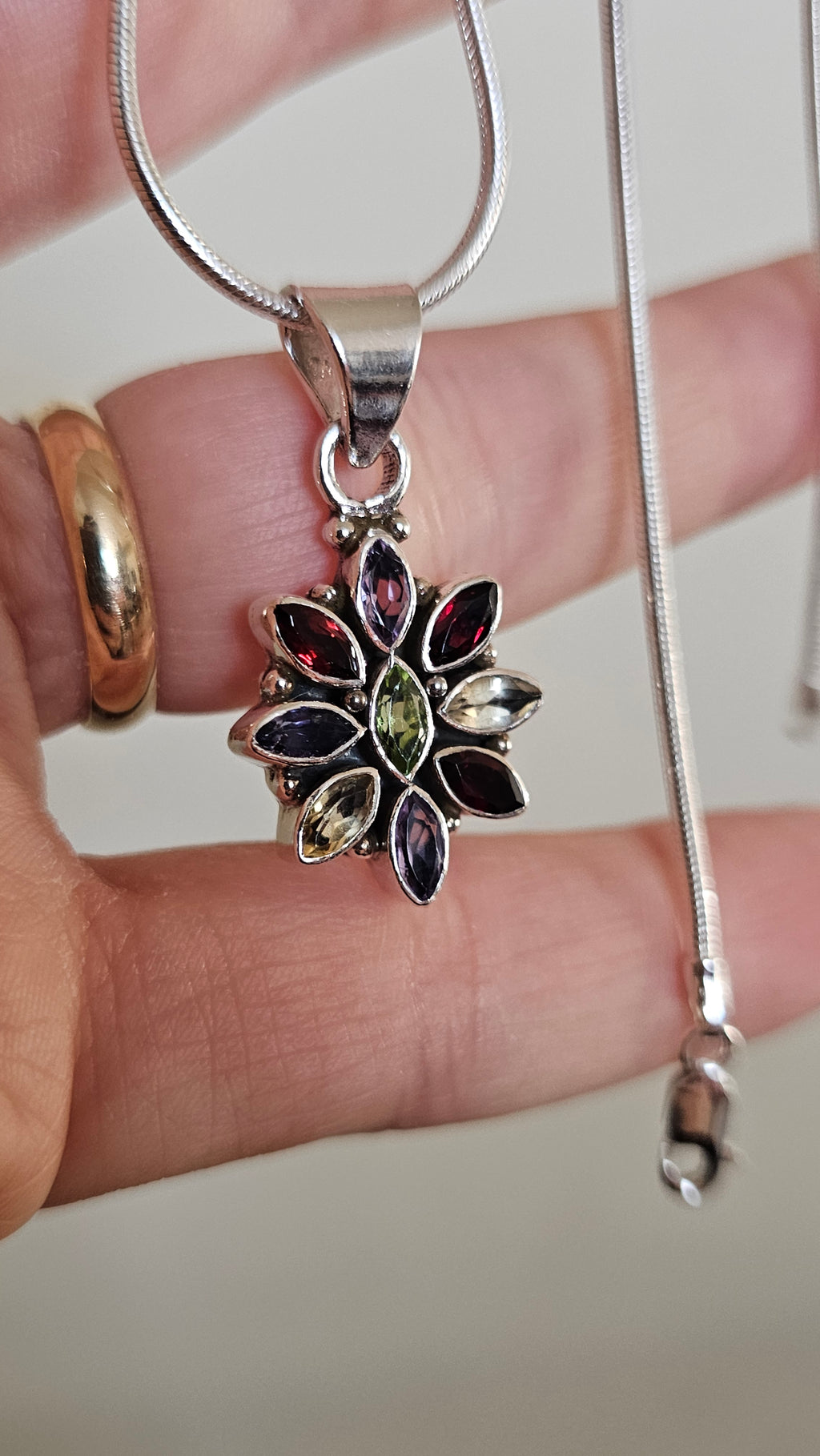 Solid 925 Sterling Silver Natural Multi-Gemstone Floral Pendant Necklace - 15.5"