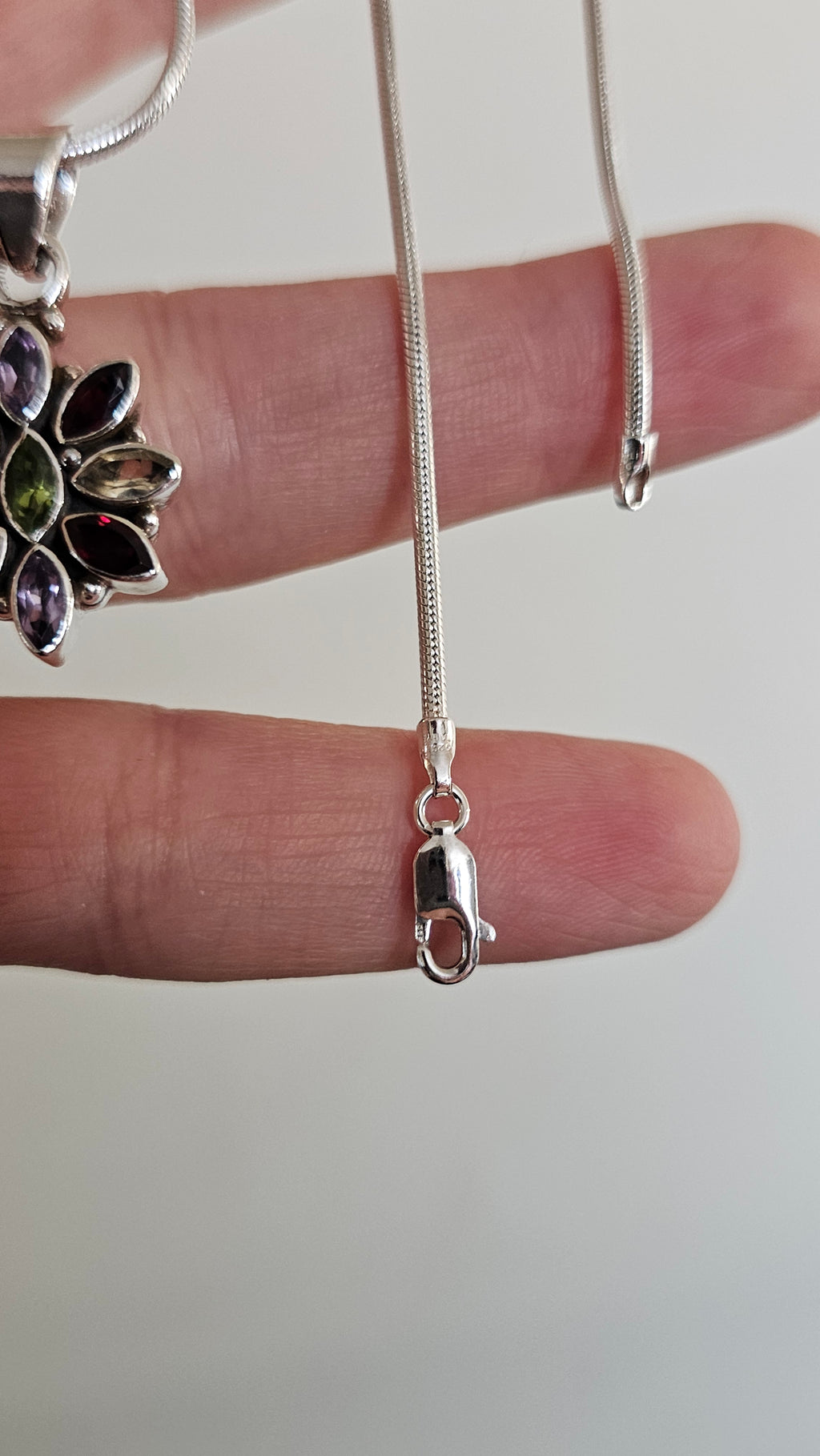 Solid 925 Sterling Silver Natural Multi-Gemstone Floral Pendant Necklace - 15.5"