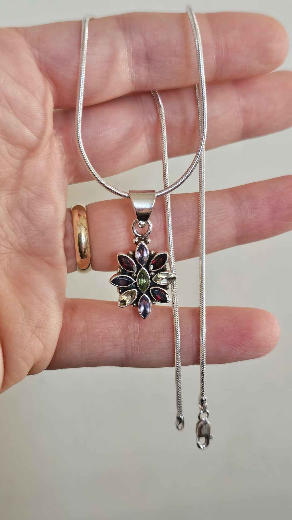 Solid 925 Sterling Silver Natural Multi-Gemstone Floral Pendant Necklace - 15.5"