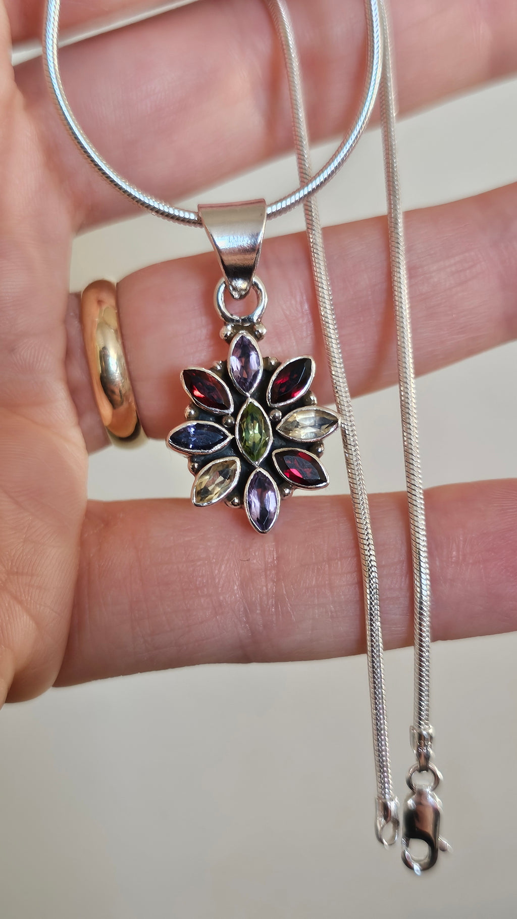 Solid 925 Sterling Silver Natural Multi-Gemstone Floral Pendant Necklace - 15.5"