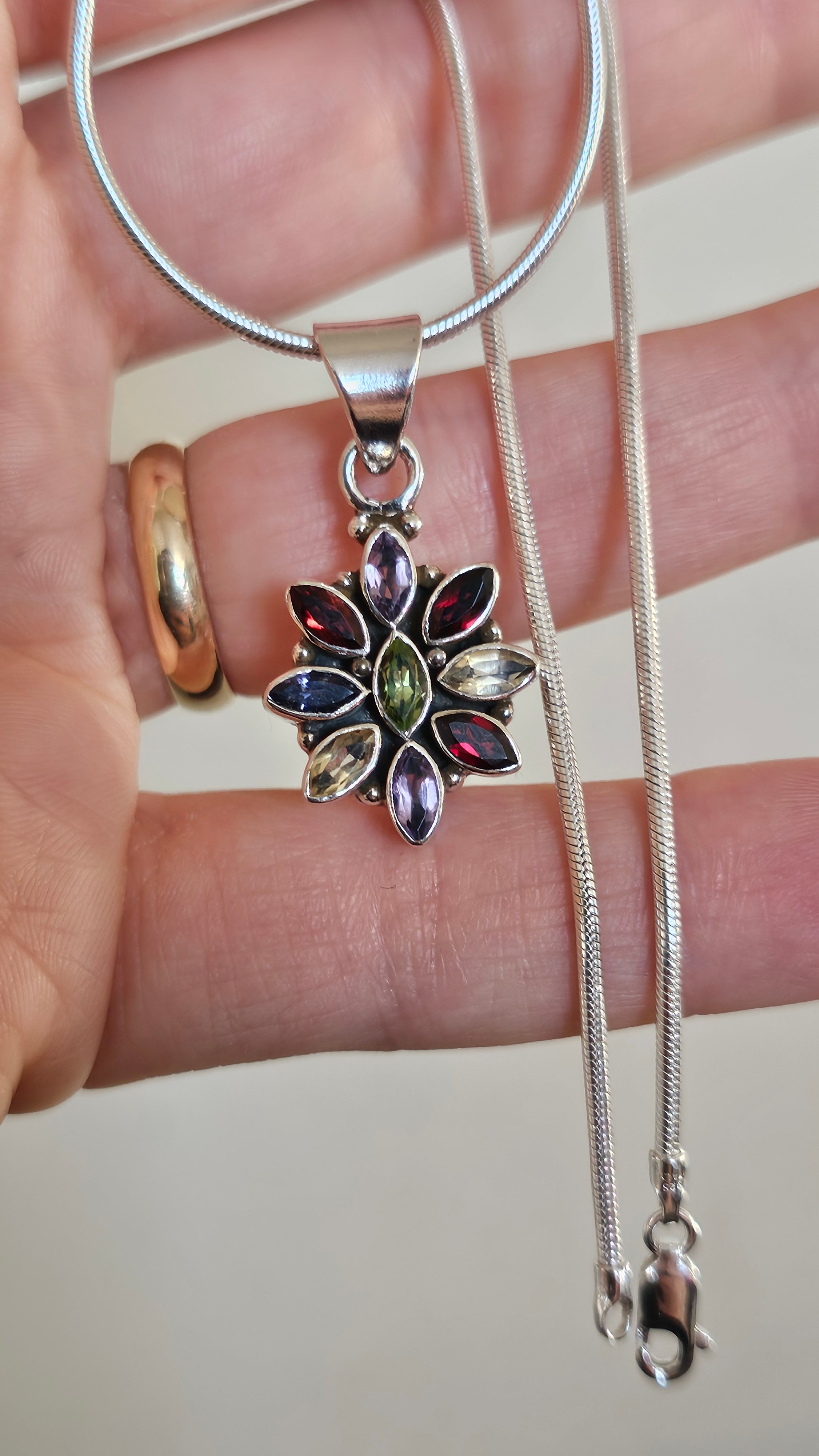 Solid 925 Sterling Silver Natural Multi-Gemstone Floral Pendant Necklace - 15.5"
