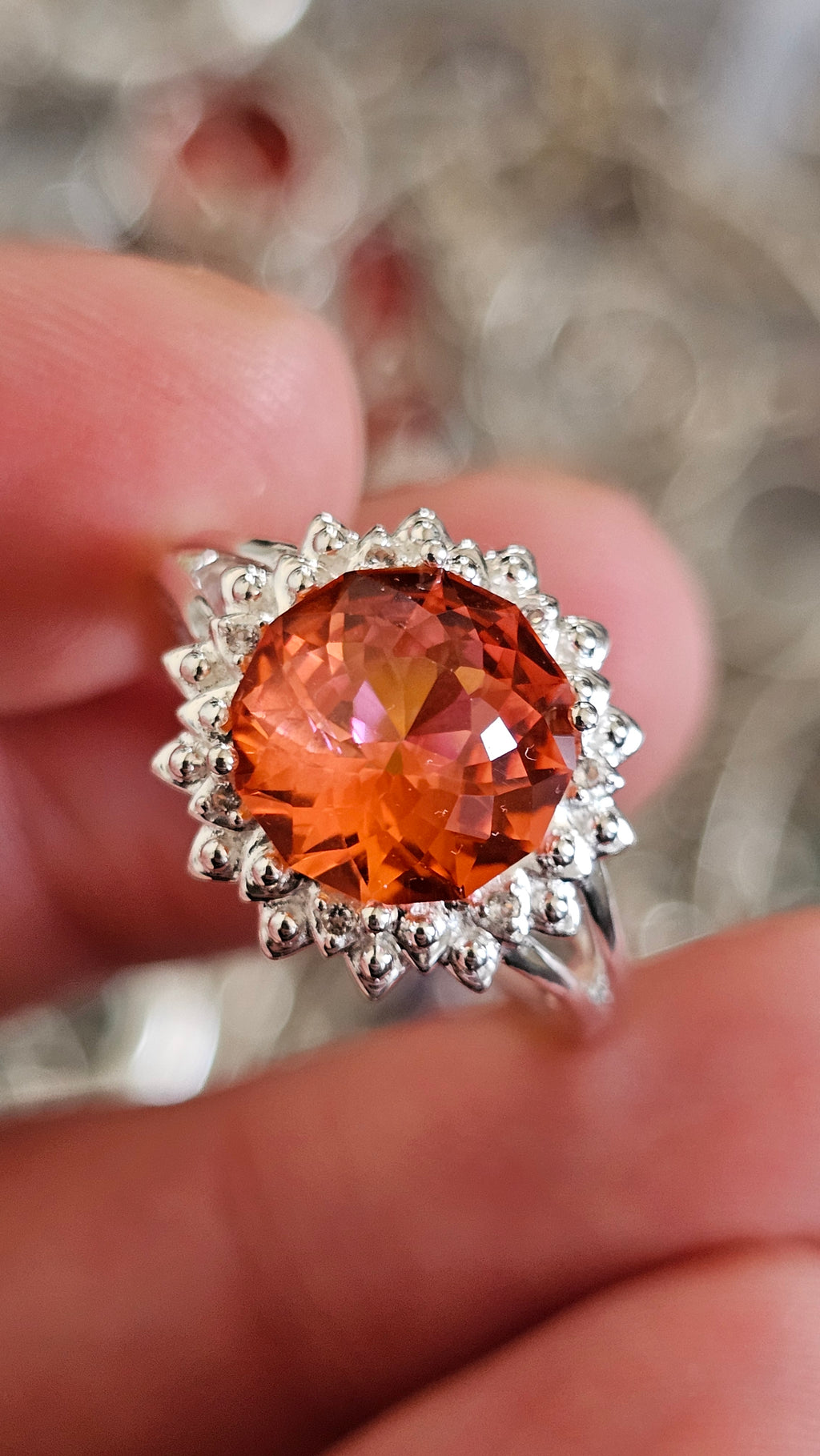 925 Sterling Silver Padparadscha Quartz Halo Ring – Size P 1/2