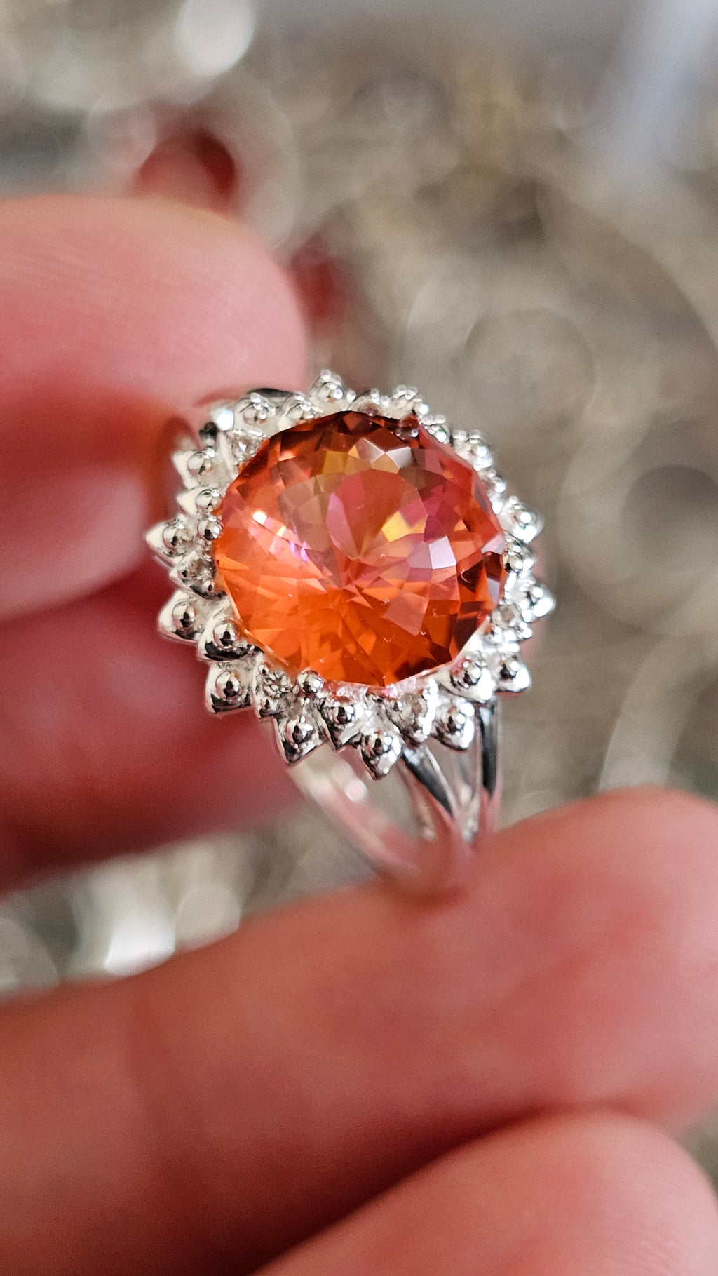 925 Sterling Silver Padparadscha Quartz Halo Ring – Size P 1/2