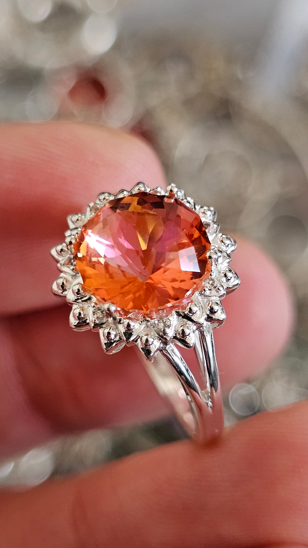925 Sterling Silver Padparadscha Quartz Halo Ring – Size P 1/2