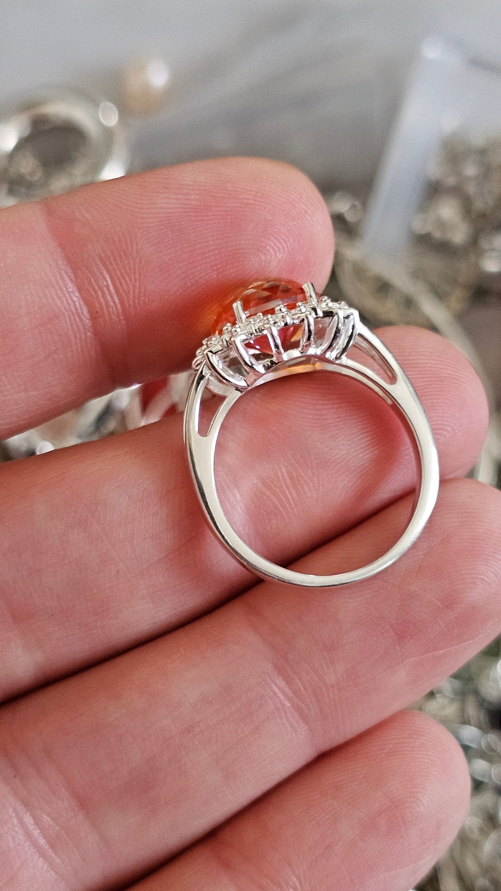 925 Sterling Silver Padparadscha Quartz Halo Ring – Size P 1/2