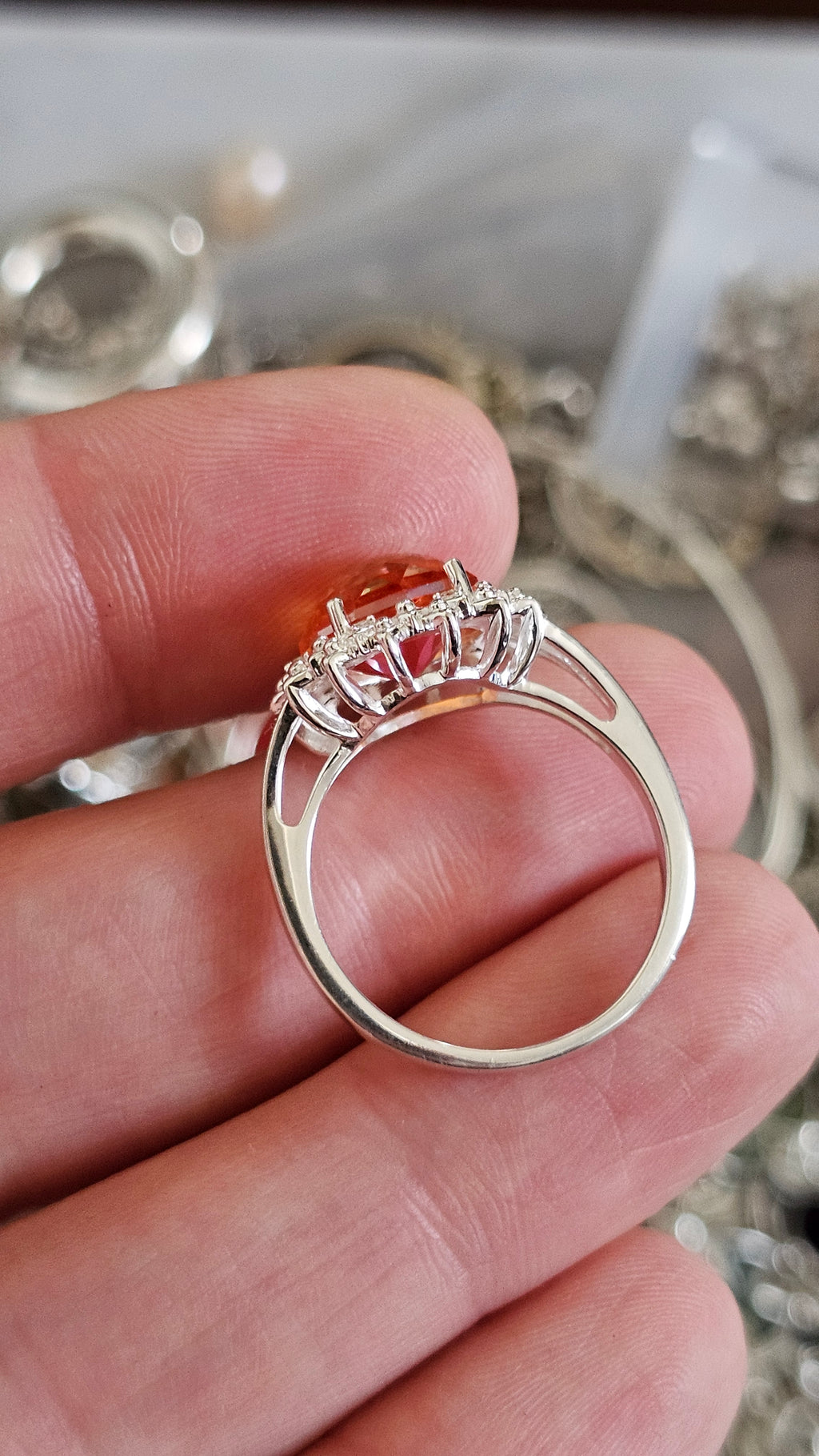 925 Sterling Silver Padparadscha Quartz Halo Ring – Size P 1/2