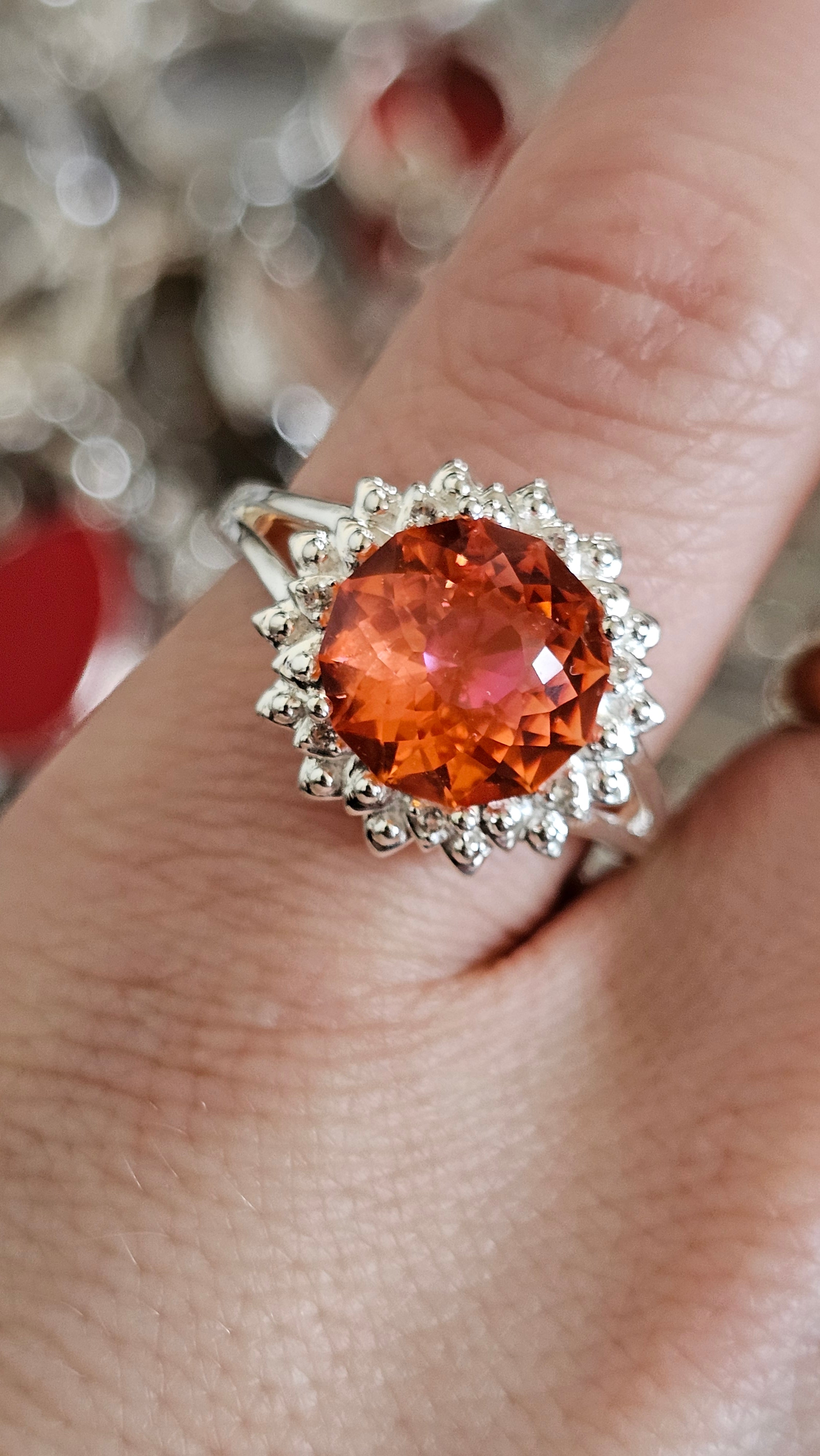 925 Sterling Silver Padparadscha Quartz Halo Ring – Size P 1/2
