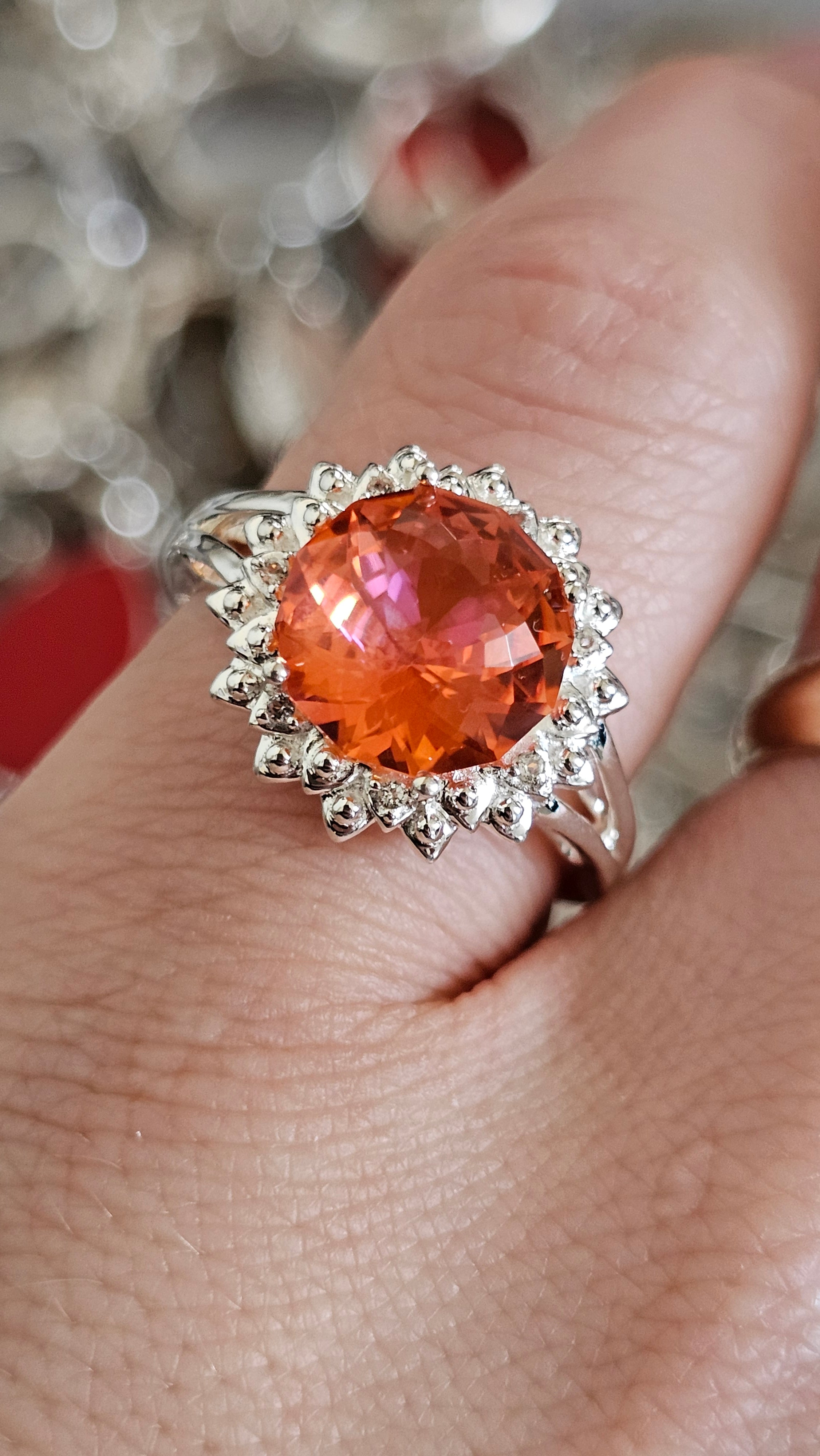 925 Sterling Silver Padparadscha Quartz Halo Ring – Size P 1/2