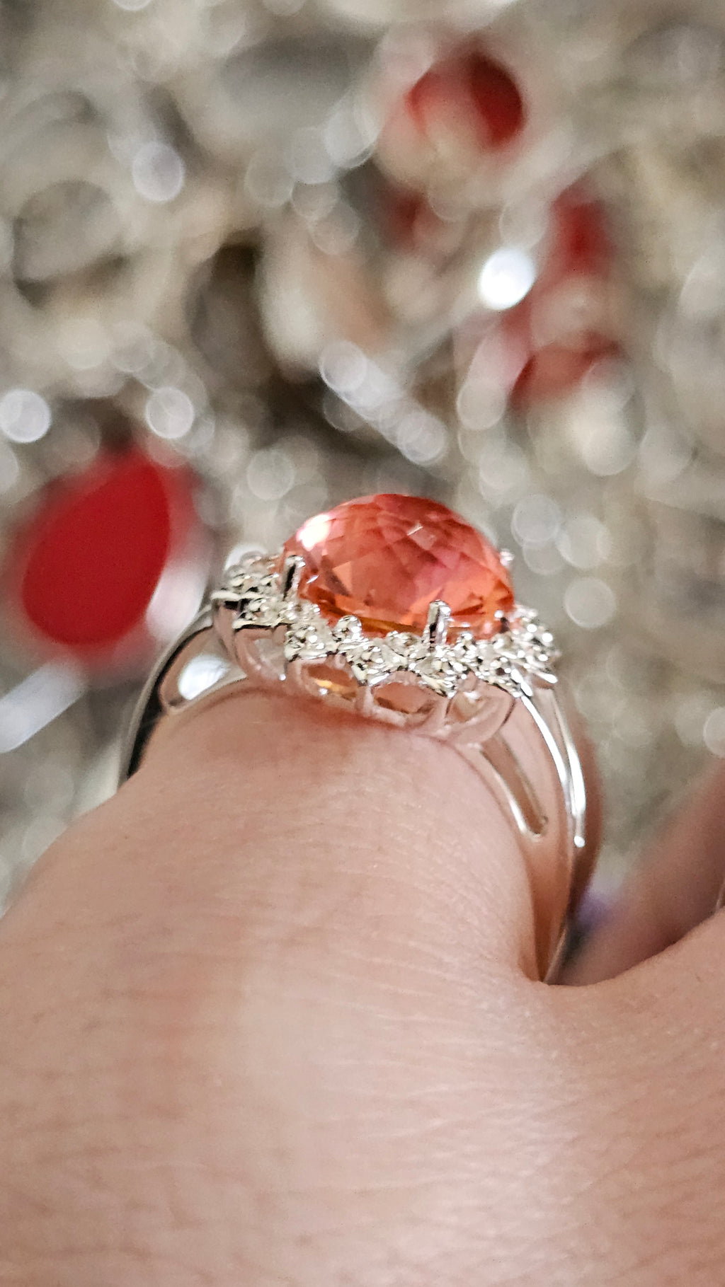 925 Sterling Silver Padparadscha Quartz Halo Ring – Size P 1/2