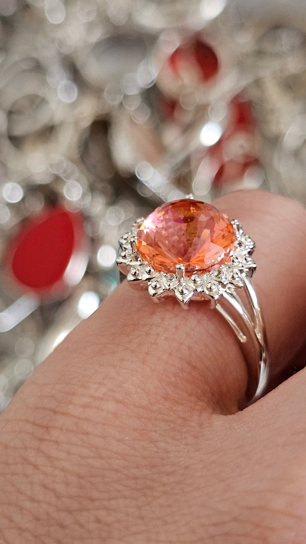 925 Sterling Silver Padparadscha Quartz Halo Ring – Size P 1/2