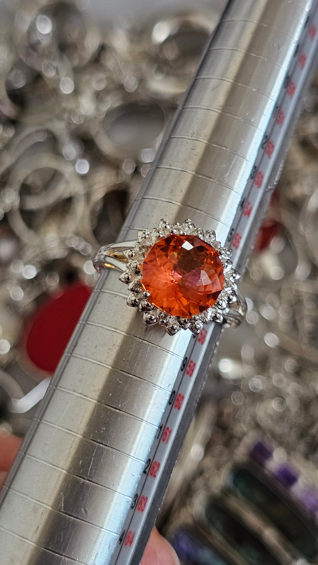 925 Sterling Silver Padparadscha Quartz Halo Ring – Size P 1/2