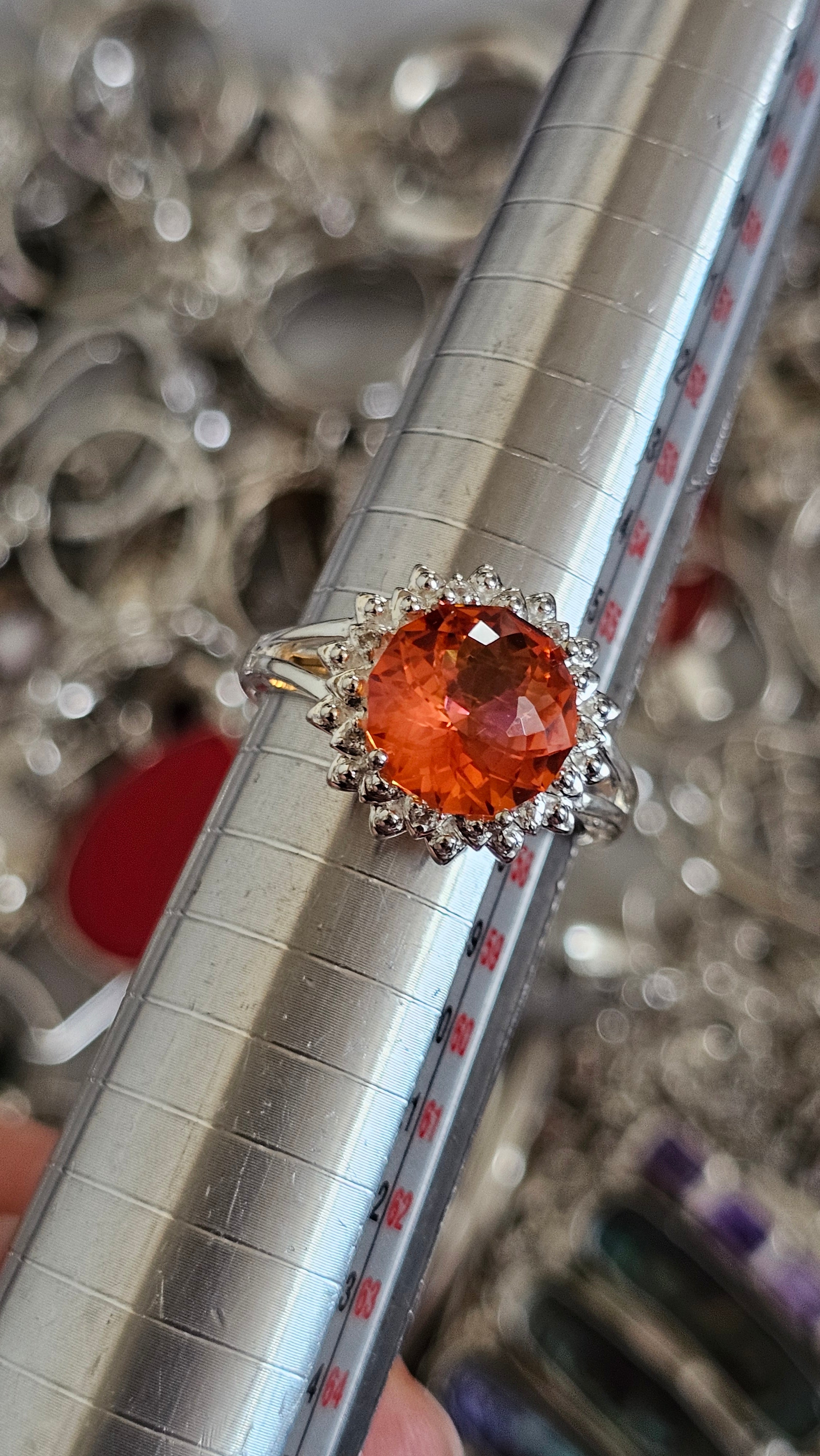 925 Sterling Silver Padparadscha Quartz Halo Ring – Size P 1/2