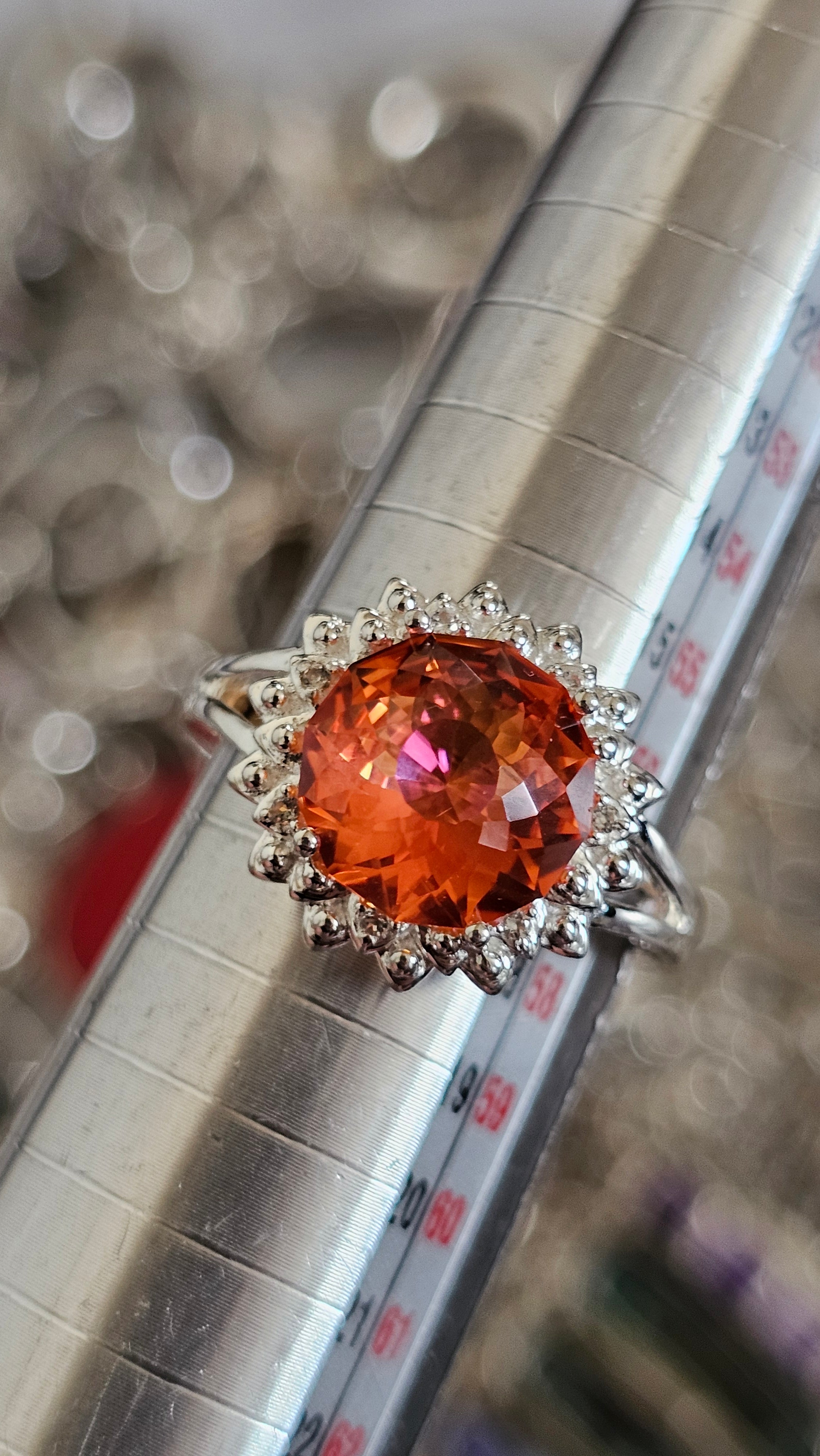 925 Sterling Silver Padparadscha Quartz Halo Ring – Size P 1/2