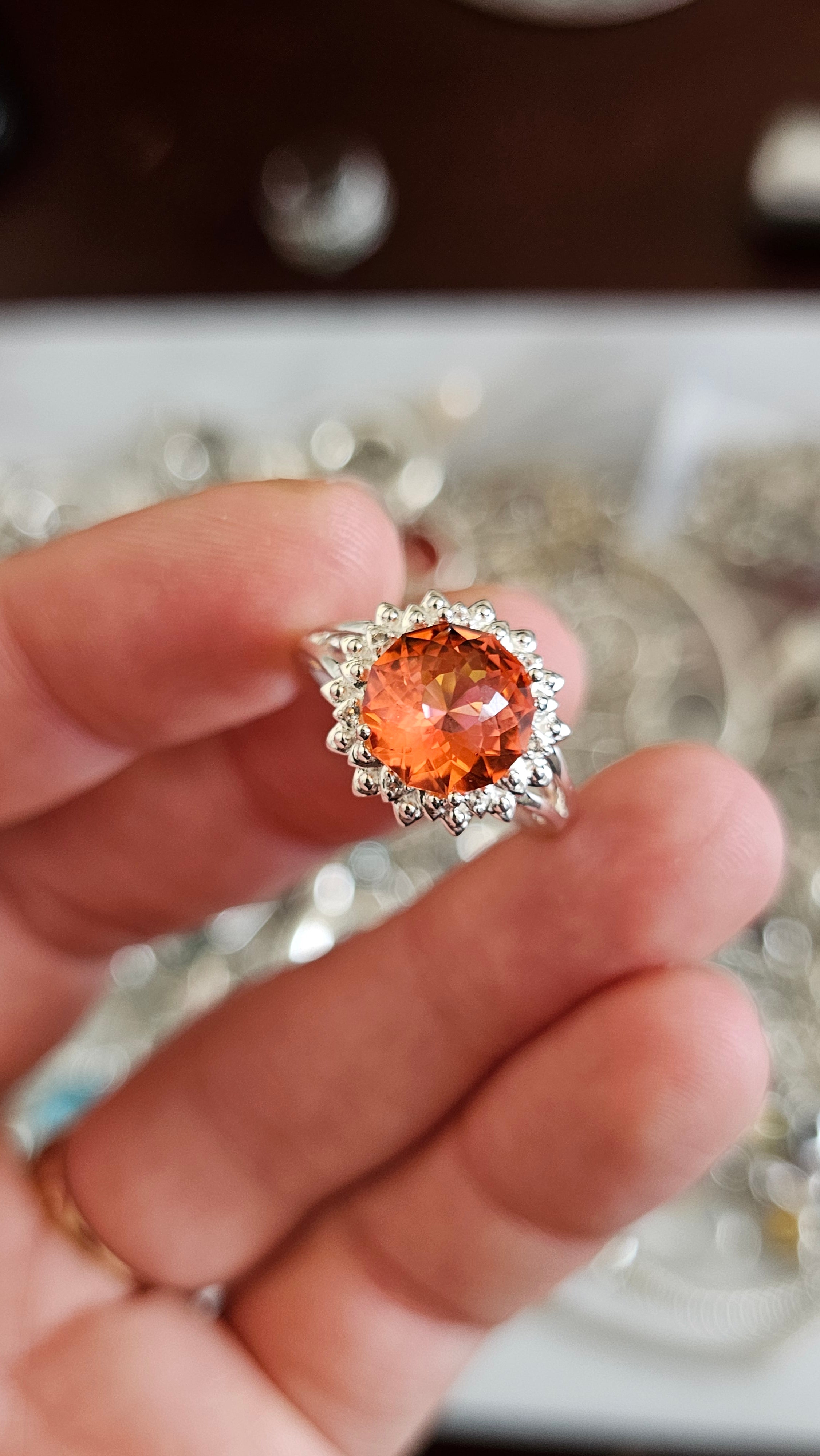 925 Sterling Silver Padparadscha Quartz Halo Ring – Size P 1/2
