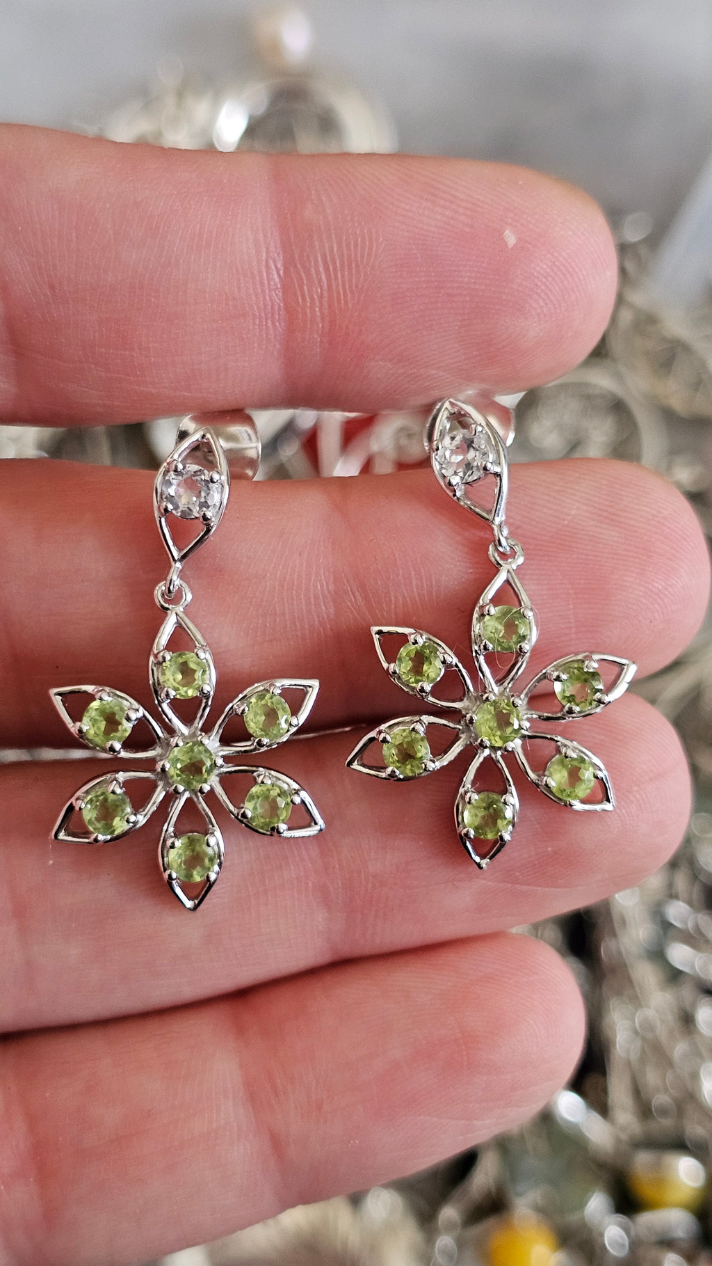 Solid 925 Sterling Silver Natural Peridot Floral Drop Earrings