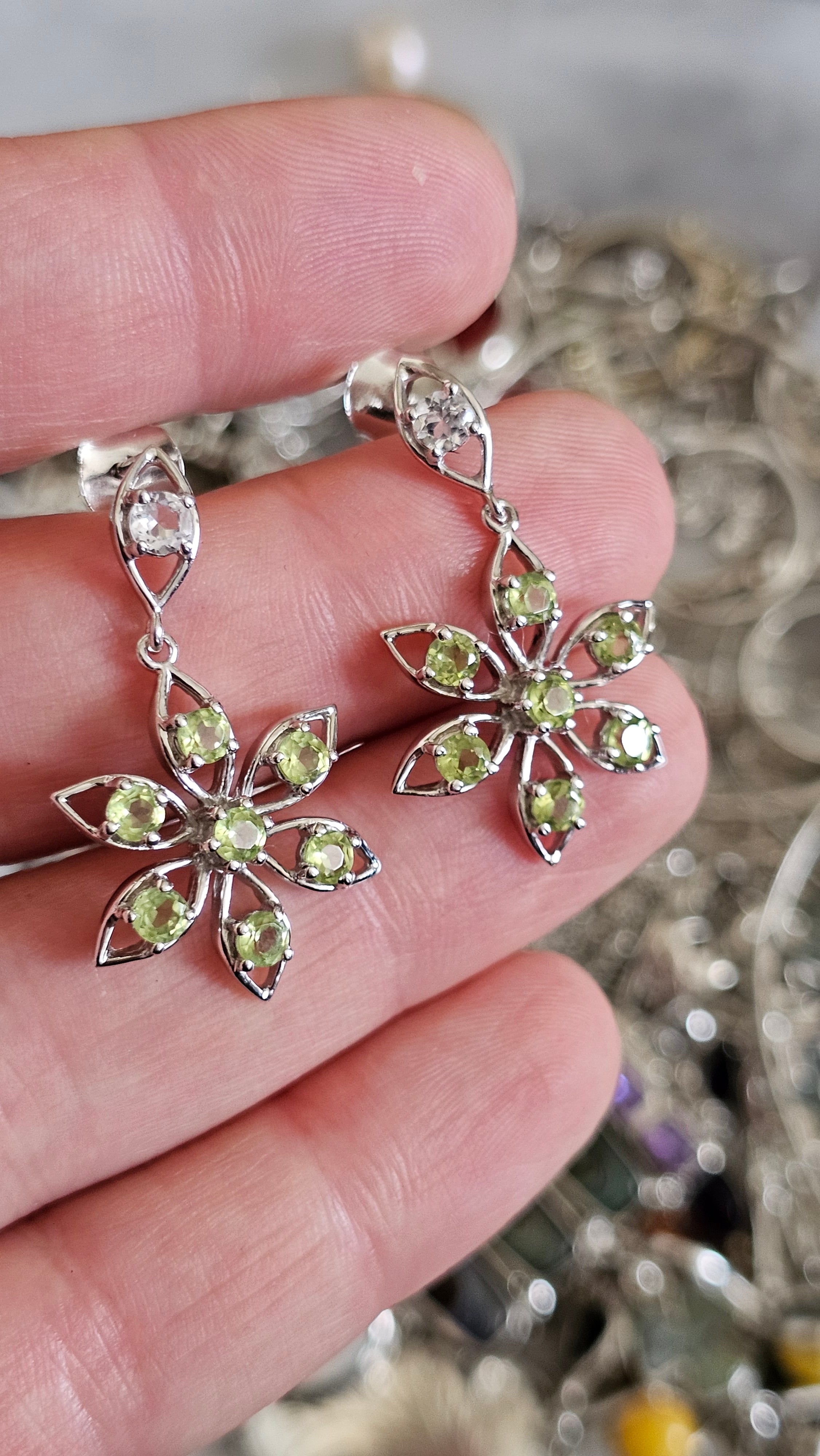 Solid 925 Sterling Silver Natural Peridot Floral Drop Earrings