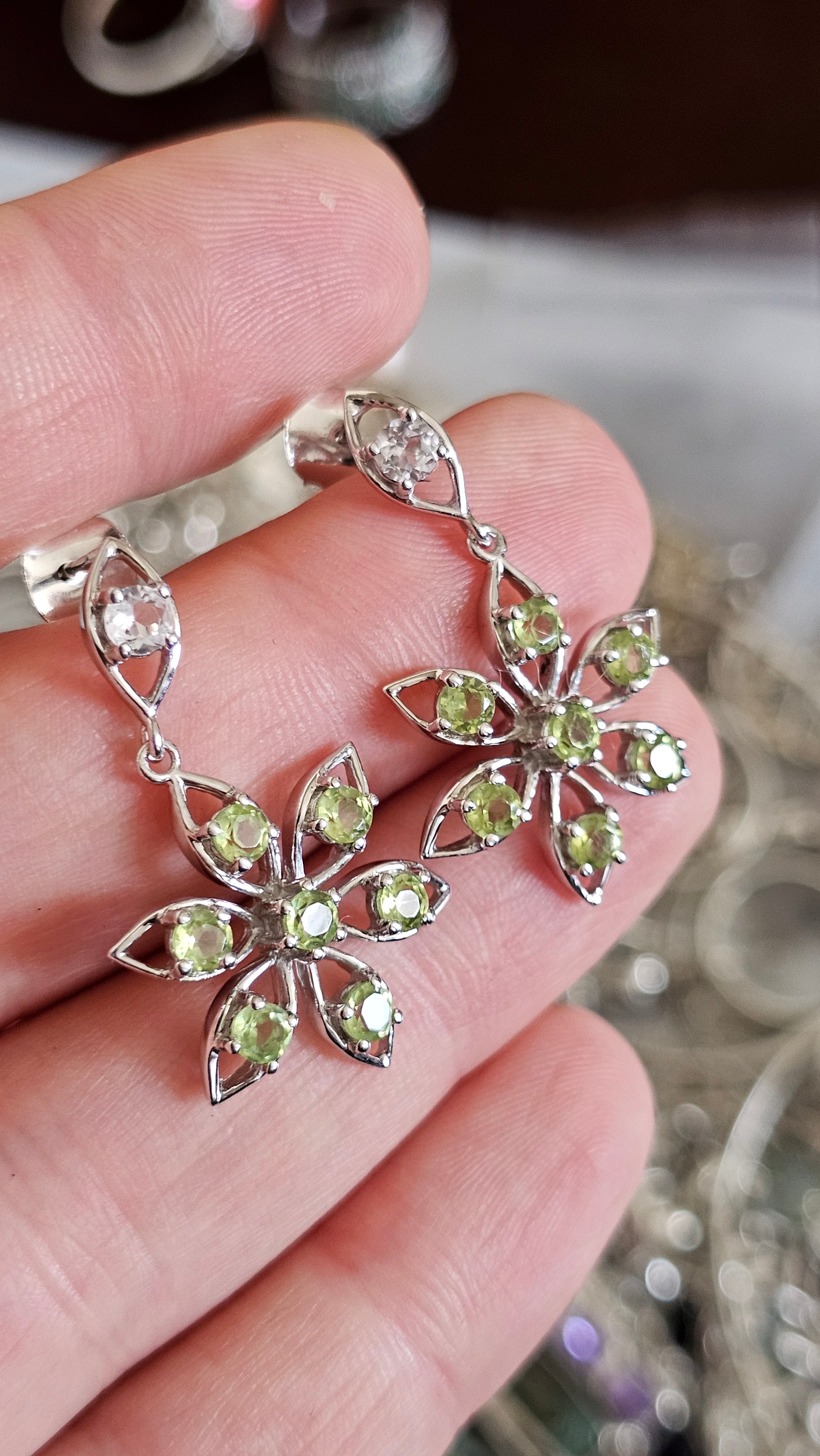 Solid 925 Sterling Silver Natural Peridot Floral Drop Earrings