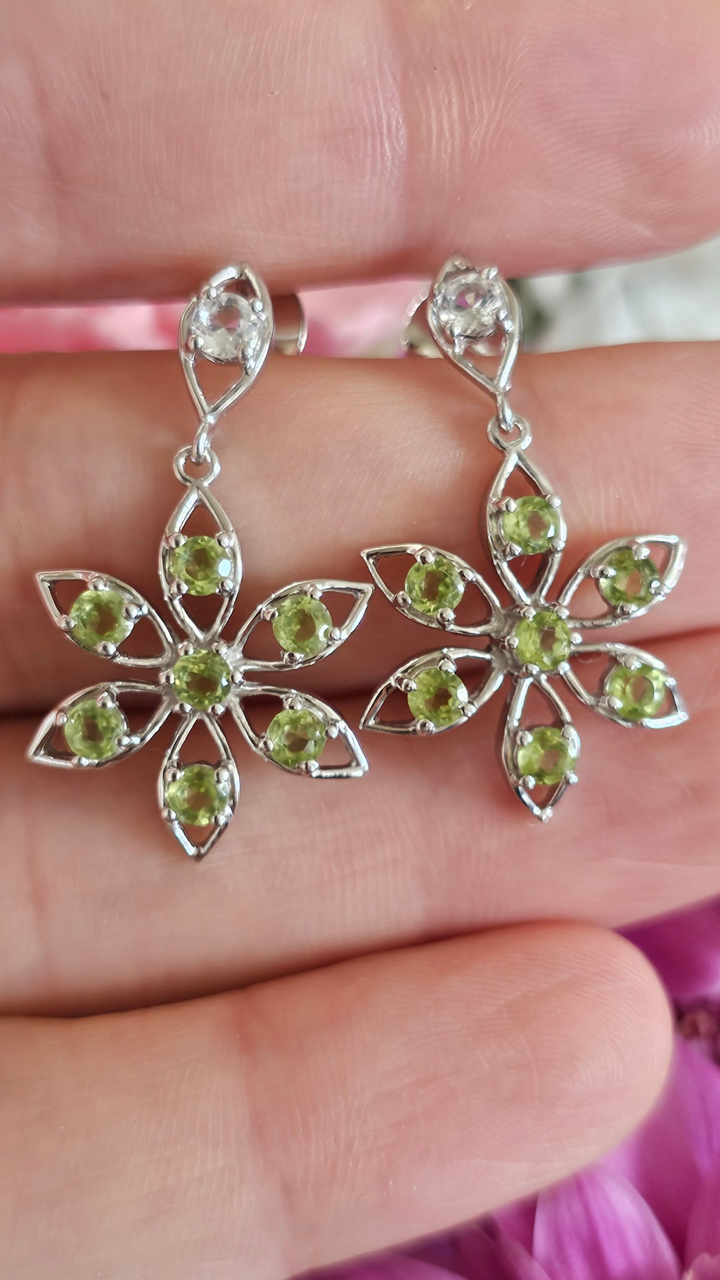 Solid 925 Sterling Silver Natural Peridot Floral Drop Earrings