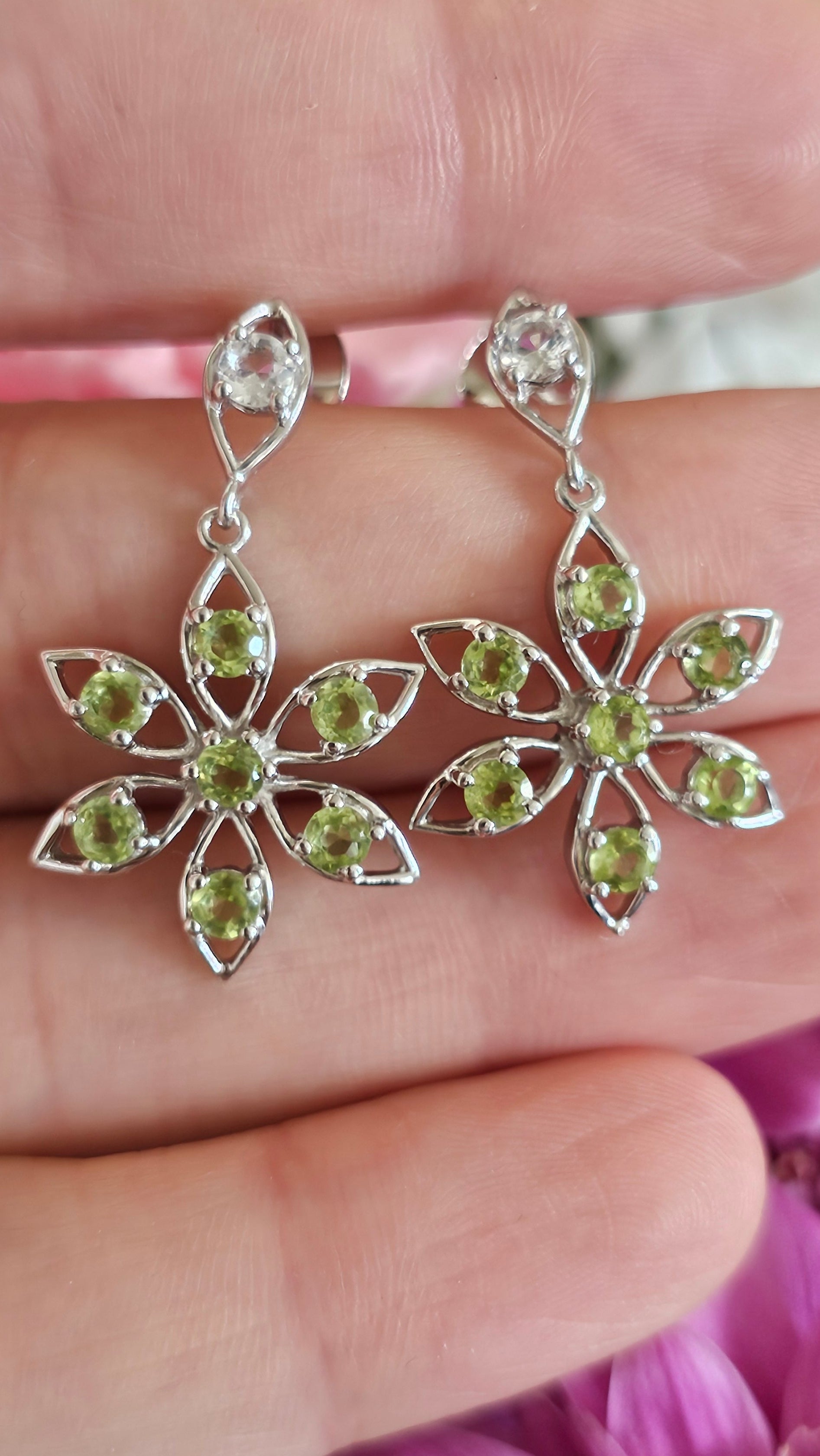 Solid 925 Sterling Silver Natural Peridot Floral Drop Earrings