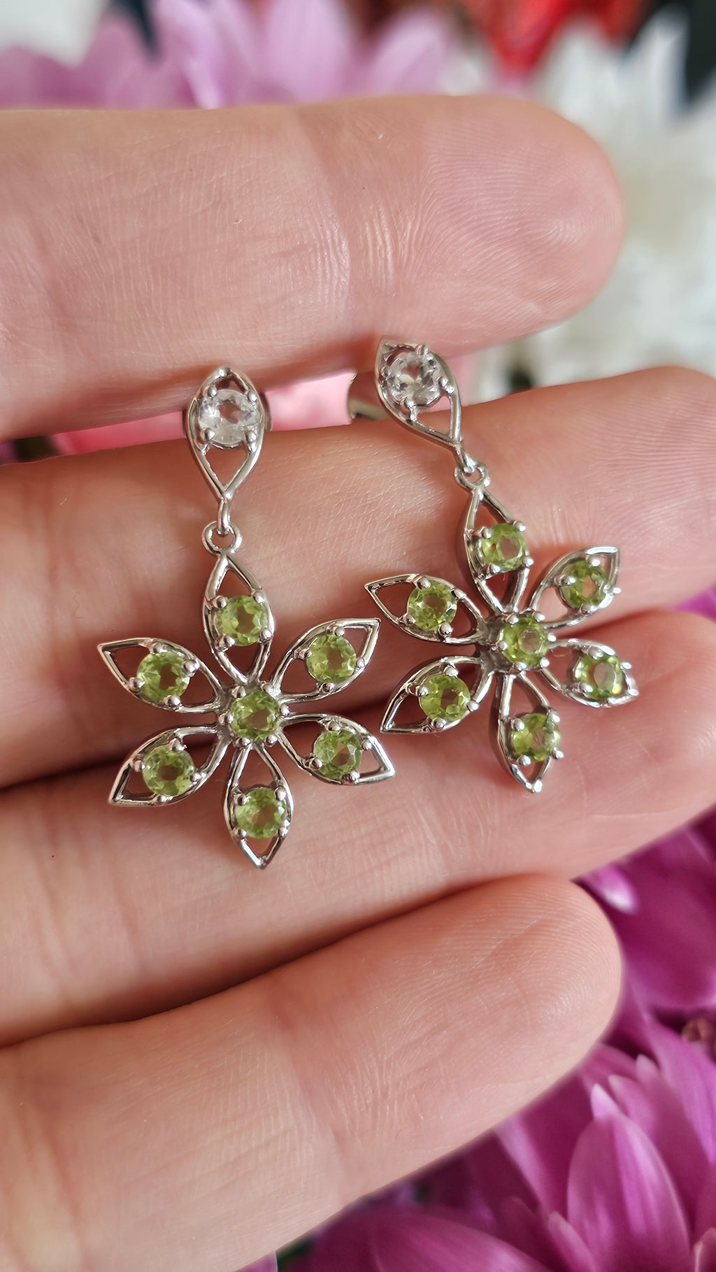 Solid 925 Sterling Silver Natural Peridot Floral Drop Earrings