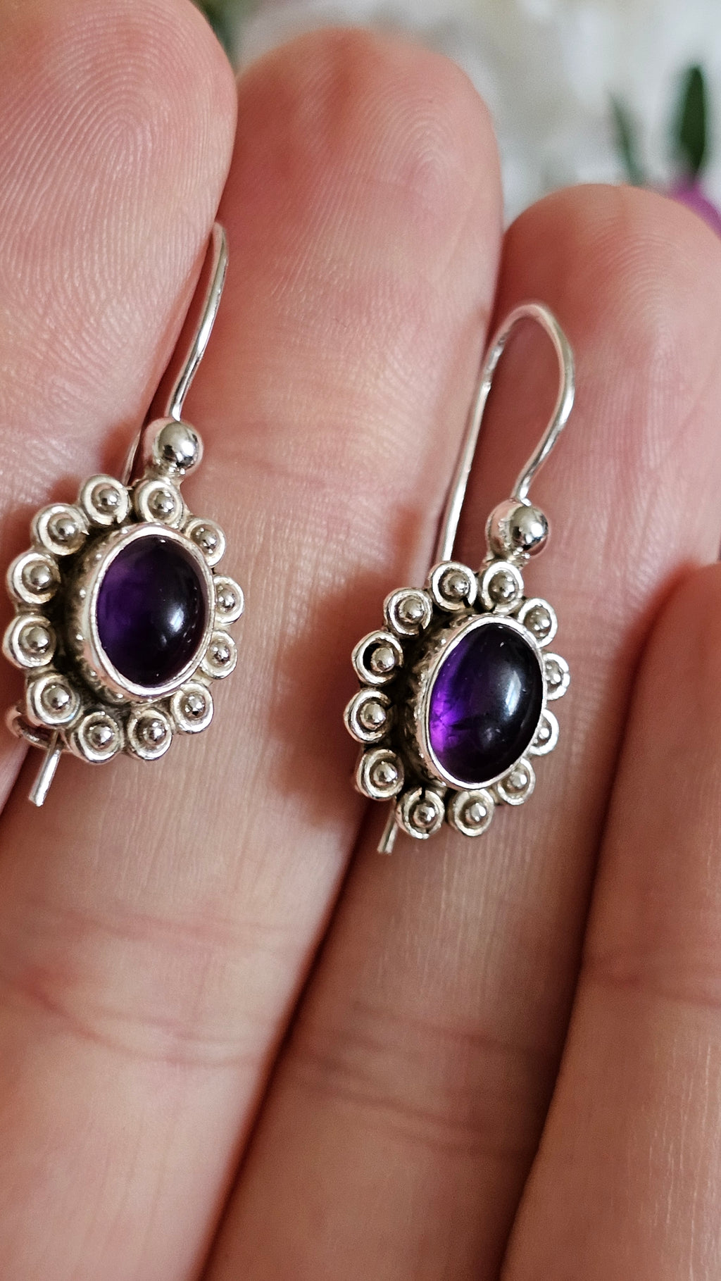 925 Sterling Silver & Oval Amethyst Ornate Drop Earrings