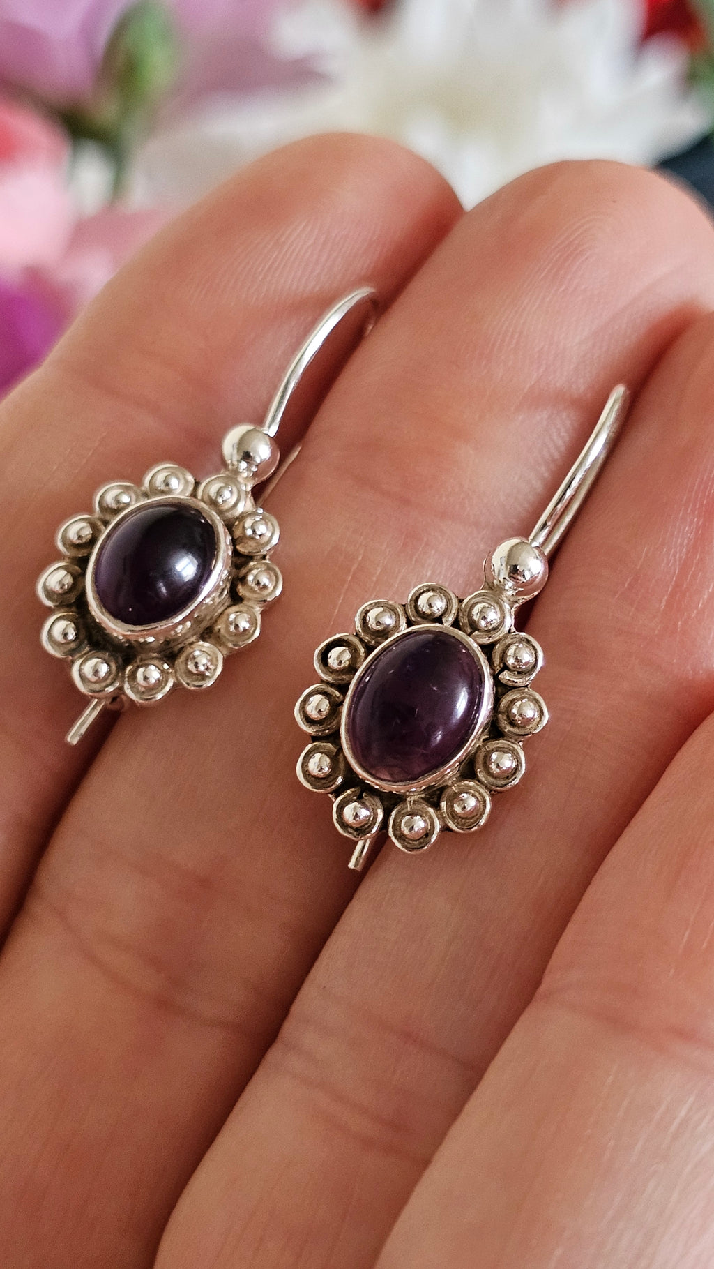 925 Sterling Silver & Oval Amethyst Ornate Drop Earrings