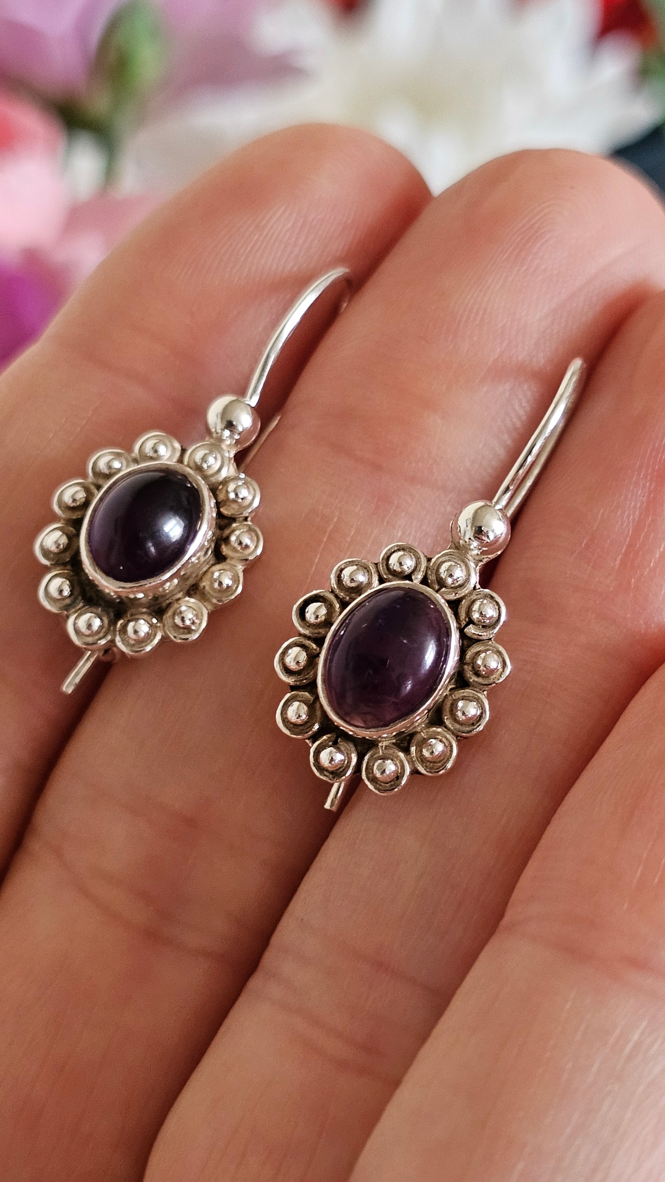 925 Sterling Silver & Oval Amethyst Ornate Drop Earrings