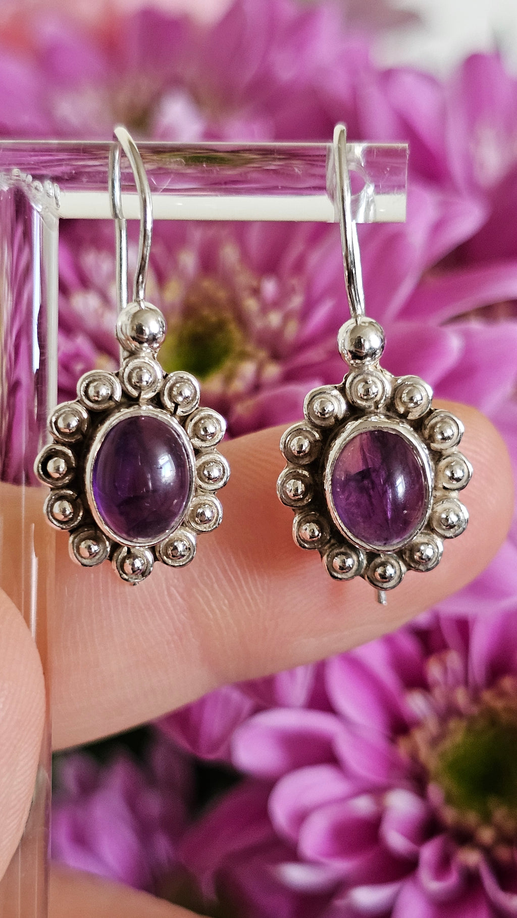 925 Sterling Silver & Oval Amethyst Ornate Drop Earrings