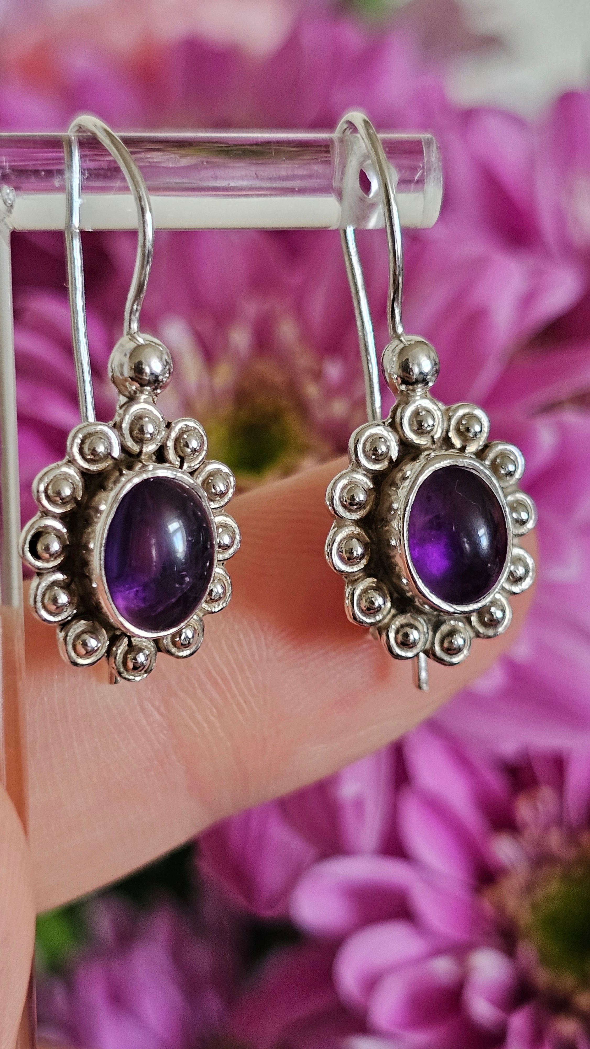 925 Sterling Silver & Oval Amethyst Ornate Drop Earrings