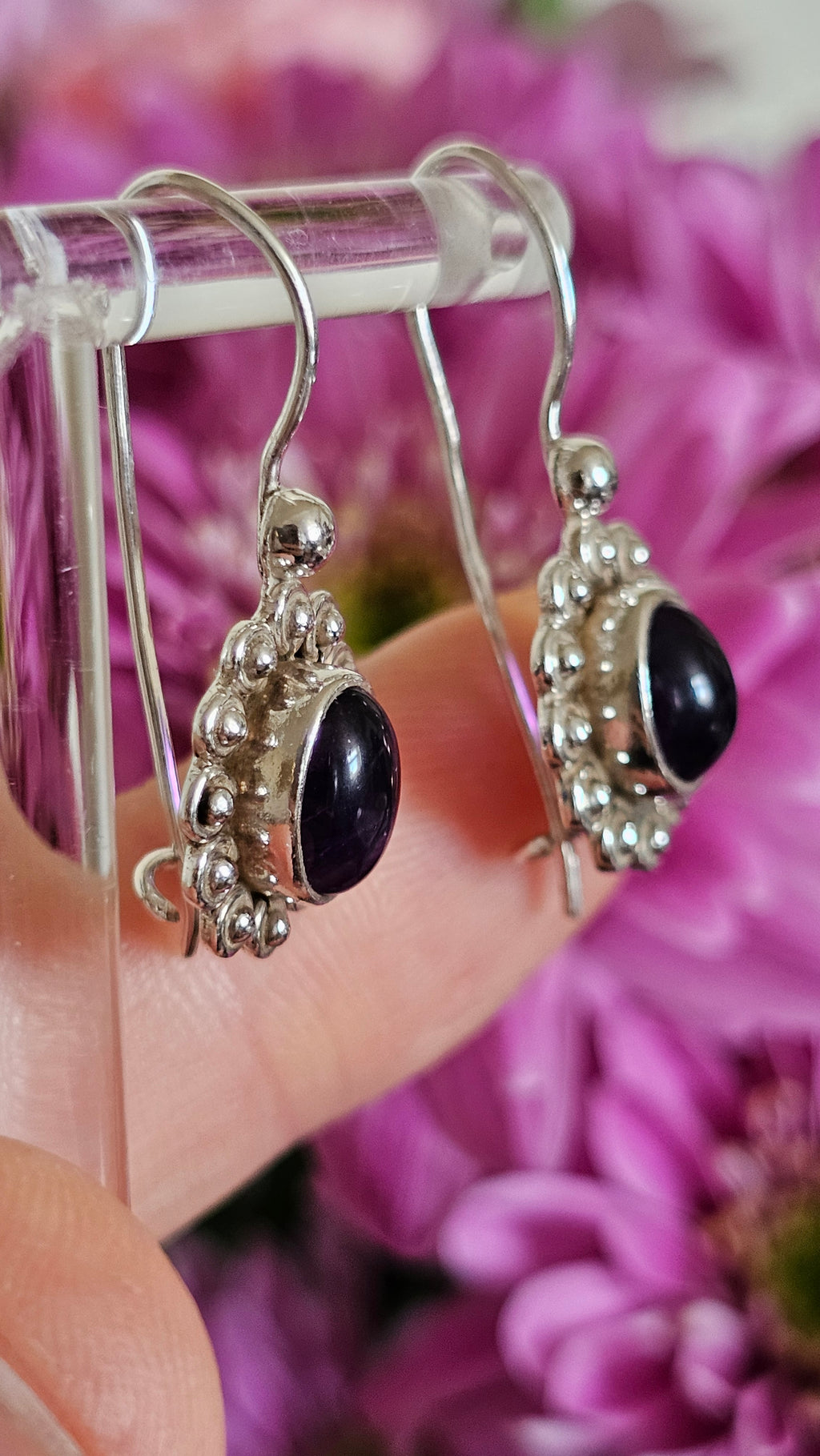925 Sterling Silver & Oval Amethyst Ornate Drop Earrings
